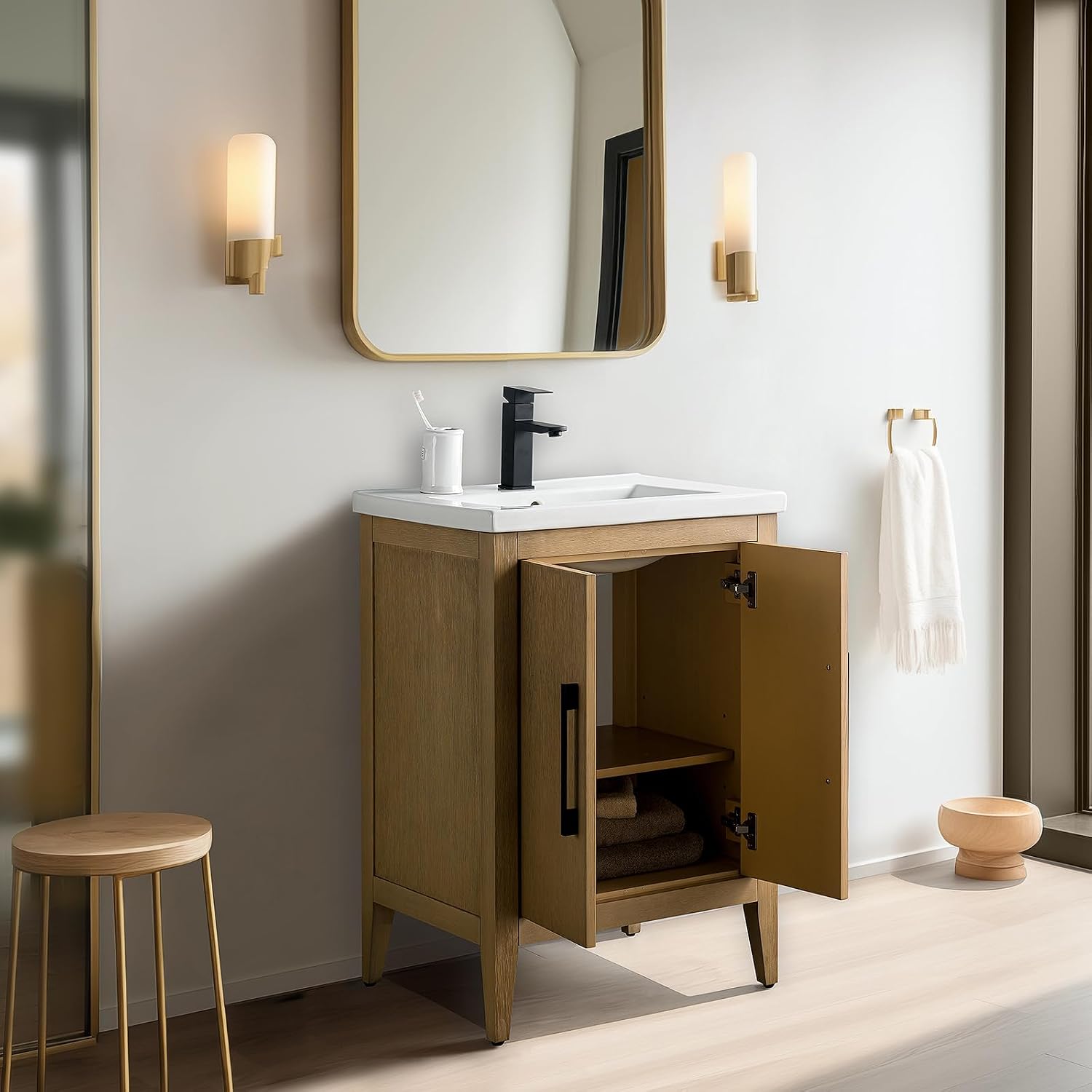 Vanity Art 24 inch Bathroom Vanity with Single Sink & Ceramic Top, Vanity Cabinet with Soft-Closing Doors, Solid Wood Frame, Natural Oak, VA9024-NO-BN1