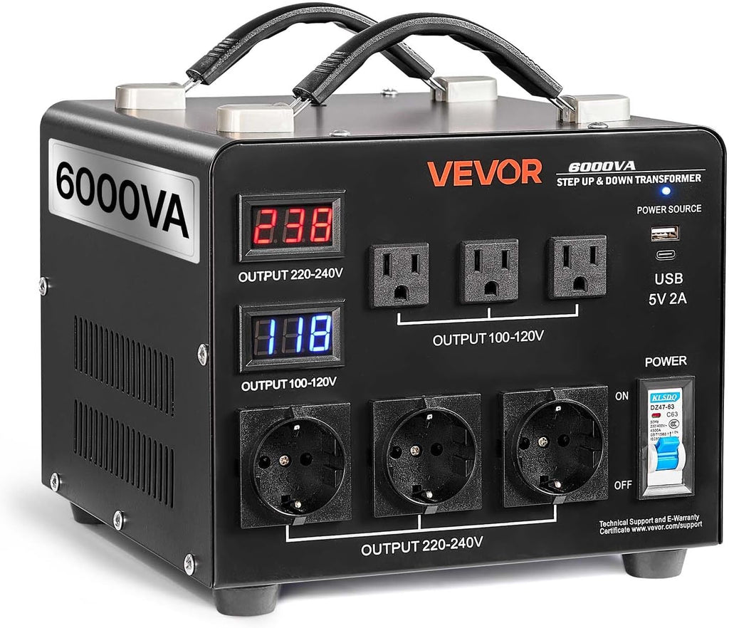 VEVOR Voltage Auto Converter Transformer, 6000VA, Heavy Duty Step Up/Down Power Transformer, 110V to 220V and 220V to 110V, with 3 US Outlets, 3 EU Outlets, LCD Display, Circuit Breaker Protection