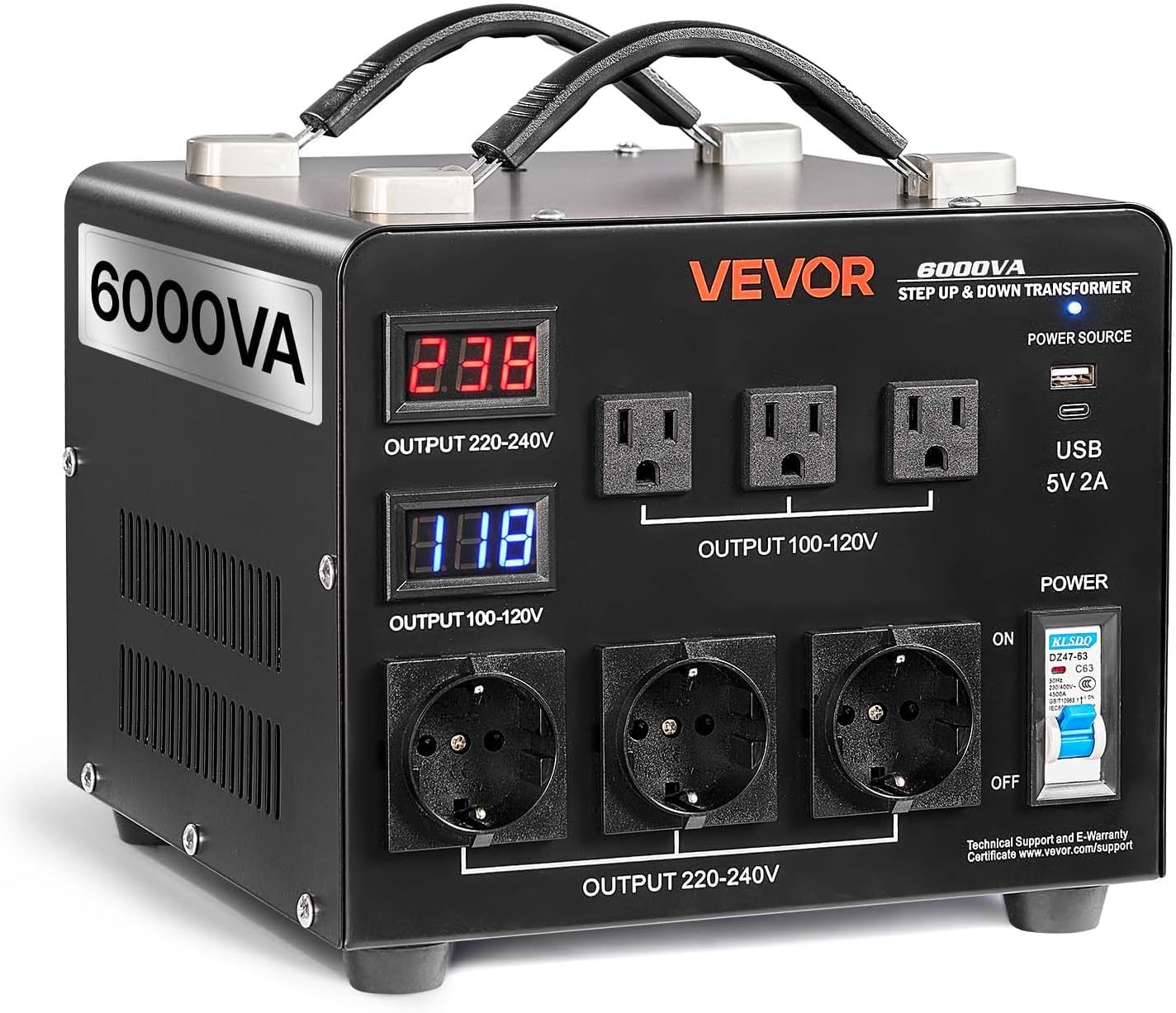 VEVOR Voltage Auto Converter Transformer, 6000VA, Heavy Duty Step Up/Down Power Transformer, 110V to 220V and 220V to 110V, with 3 US Outlets, 3 EU Outlets, LCD Display, Circuit Breaker Protection