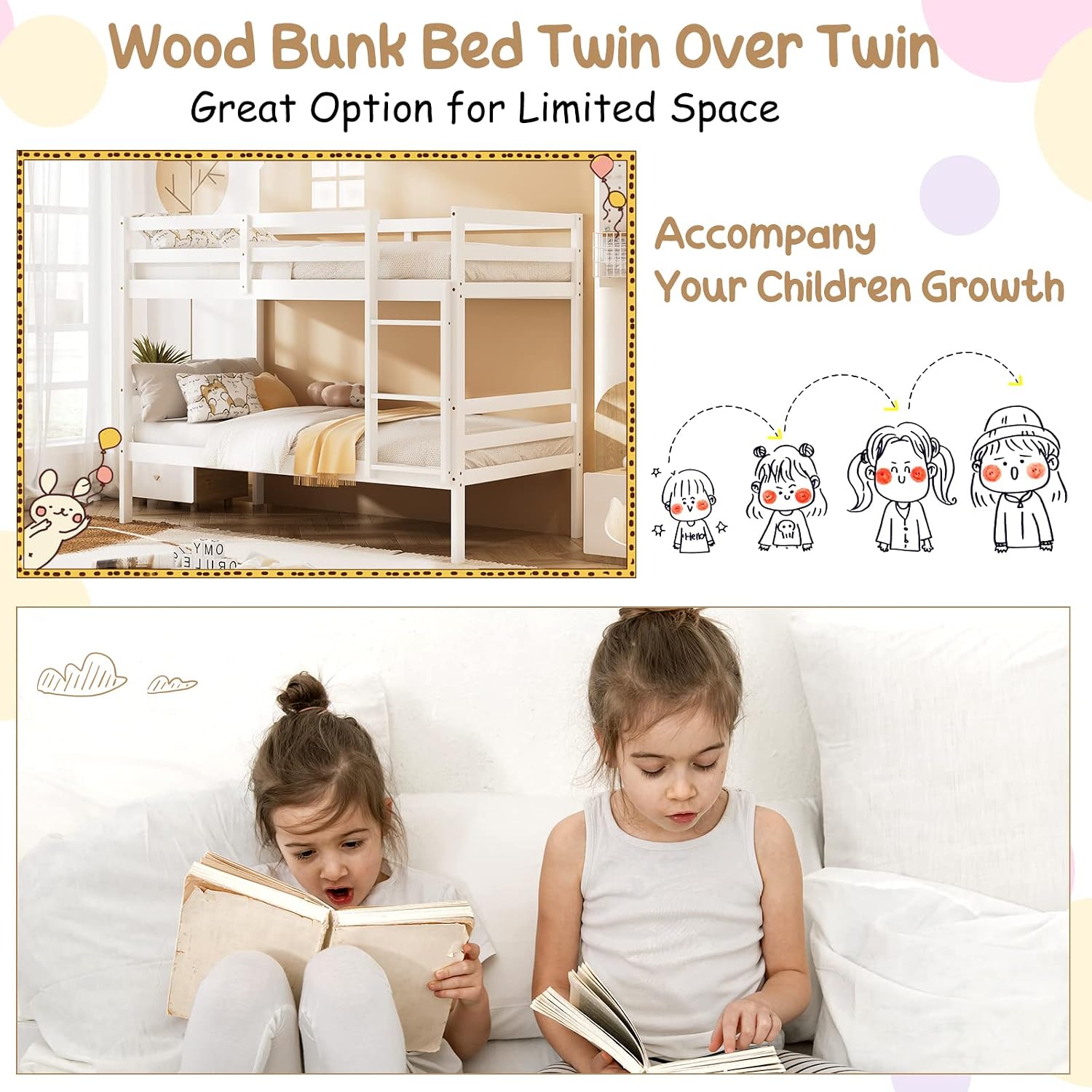 KOMFOTT Wood Bunk Bed Twin Over Twin, Bunk Bed with Ladder & Safety Guardrail, Solid Wood Bed Frame, Ideal for Dormitory & Multiple-Child Family, No Box Spring Needed, Kids Bed Frame