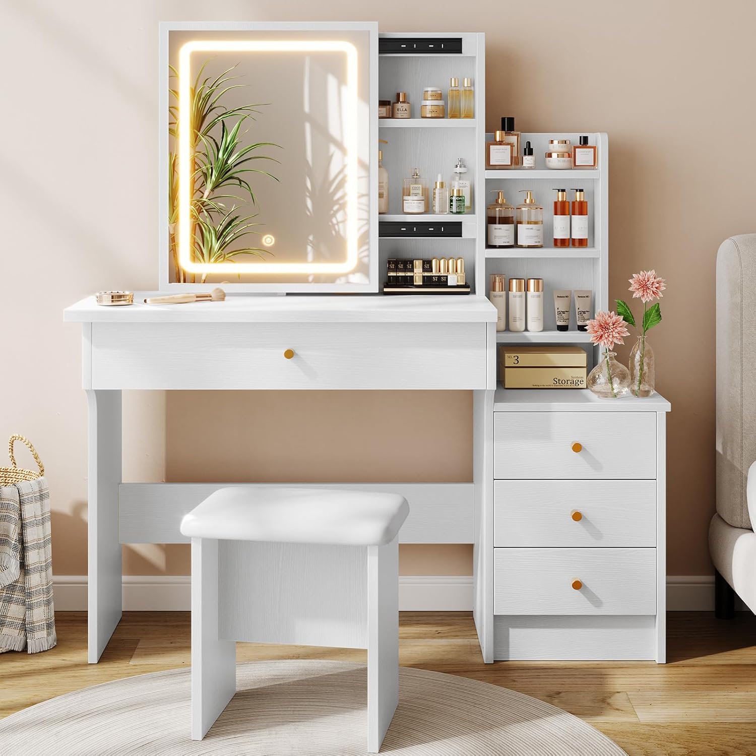 Memobarco Vanity Desk with Mirror and Lights, Makeup Vanity with 3 Adjustable Lighting Modes, Small Vanity Desk with Sliding Mirror, 4 Drawers, 7 Shelves, Vanity Chair for Bedroom White