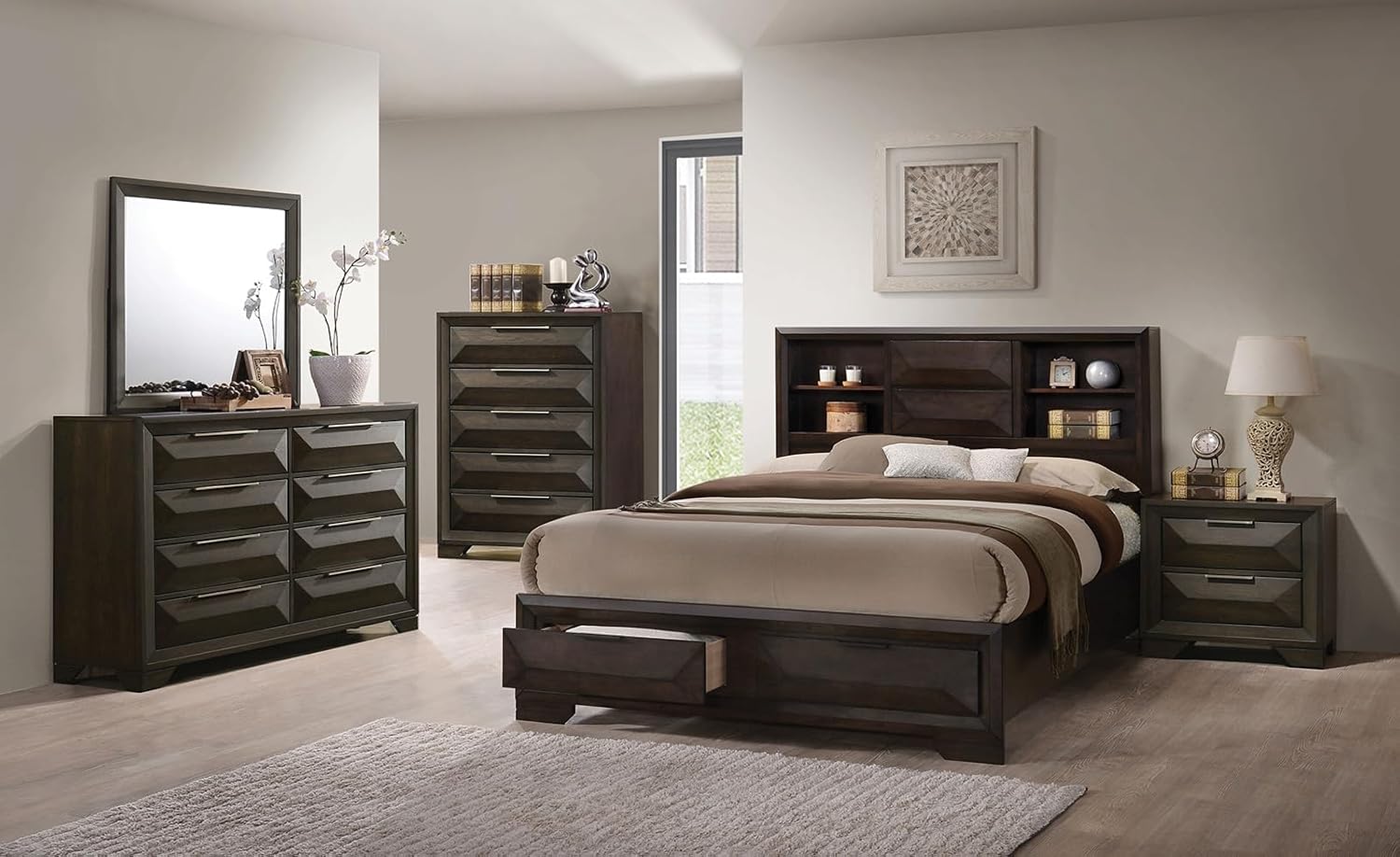 MASARA 3-Piece Transitional Bedroom Set, Queen or King Bed with Storage Drawers and 2 Nightstands, Espresso, Wood Finish, Bookcase Headboard (King)