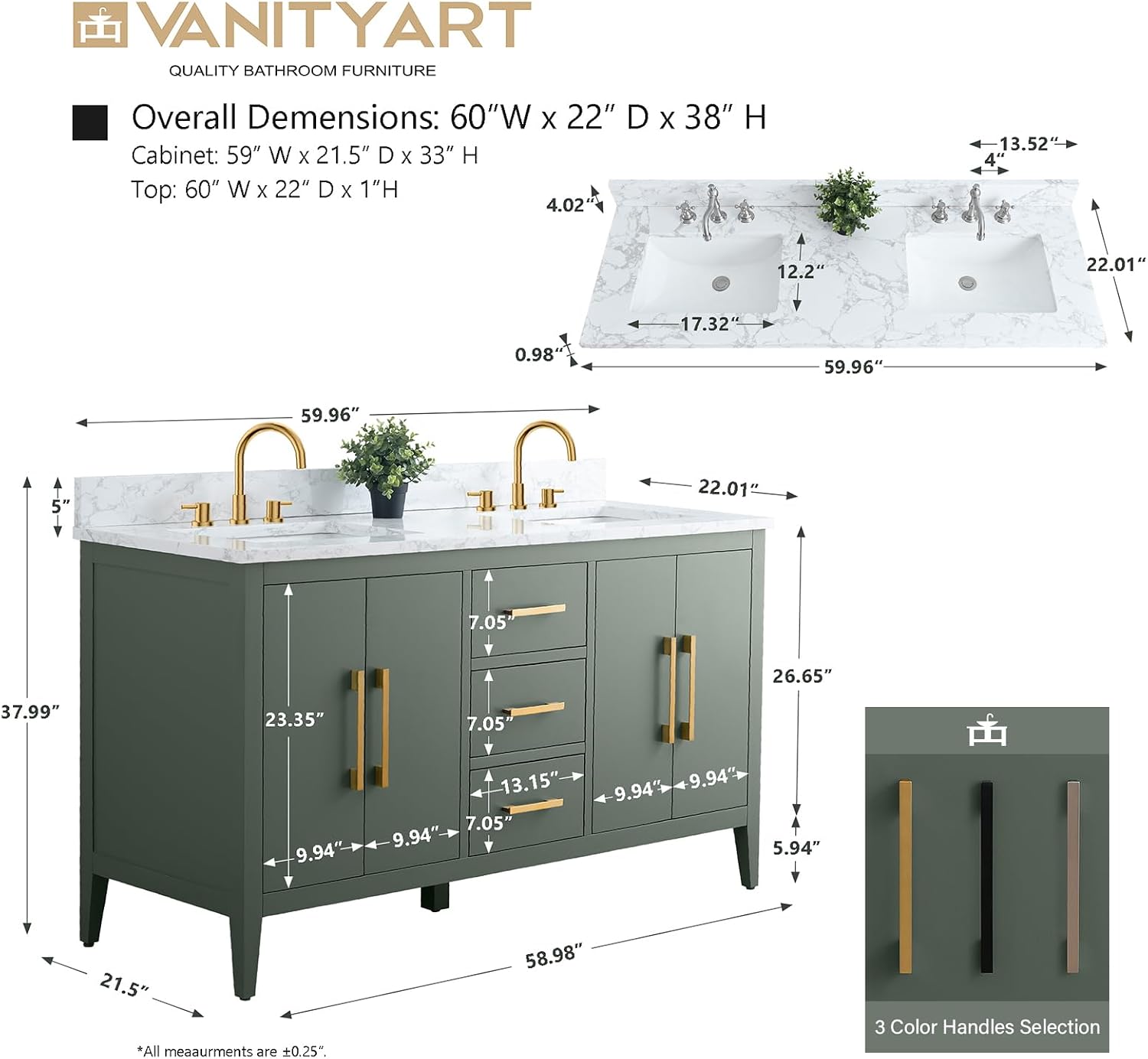 Vanity Art 60 inch Bathroom Vanity with Double Sink & Ceramic Top, Vanity Cabinet with Soft-Closing Doors, Drawers, Solid Wood Frame, Vintage Green, VA9060-DVG-BN1