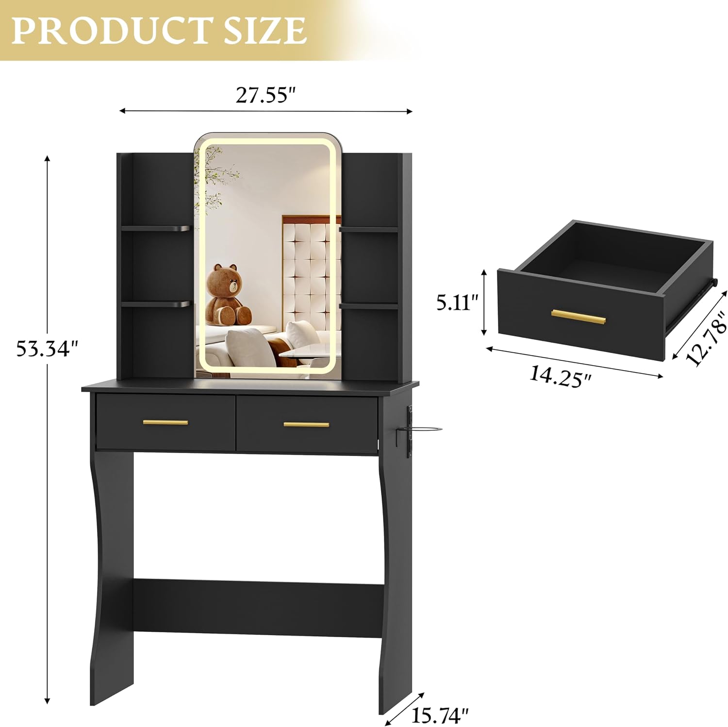 Vanity Desk with LED Lights Mirror & Power Outlet, Small Makeup Vanity Table Set with Storage Drawers, 3 Lighting Modes & Adjustable Brightness, Dressing Table for Women Girls Bedroom, Black(NO Stool)
