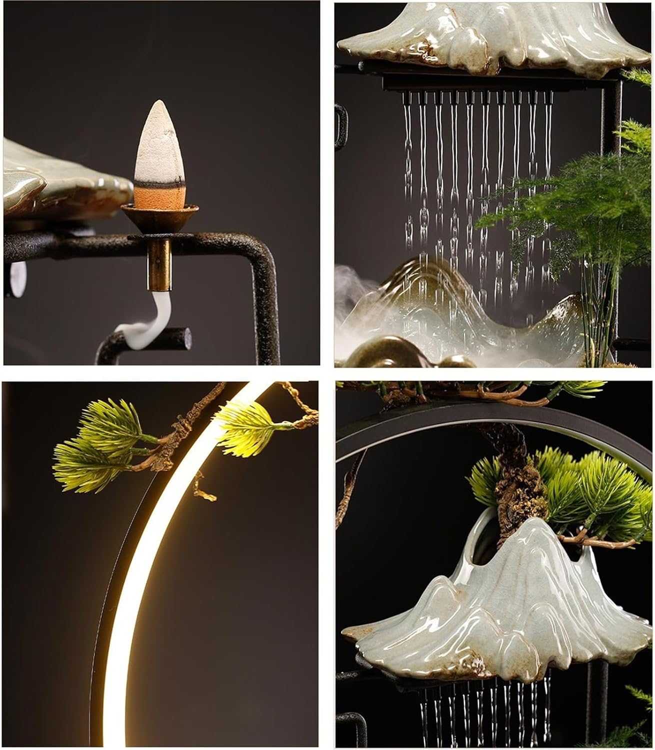 Tabletop Fountain Chinese Ceramic Waterfall Fountain Indoor with LED Light Ring and Backflow Incense Burner Holder