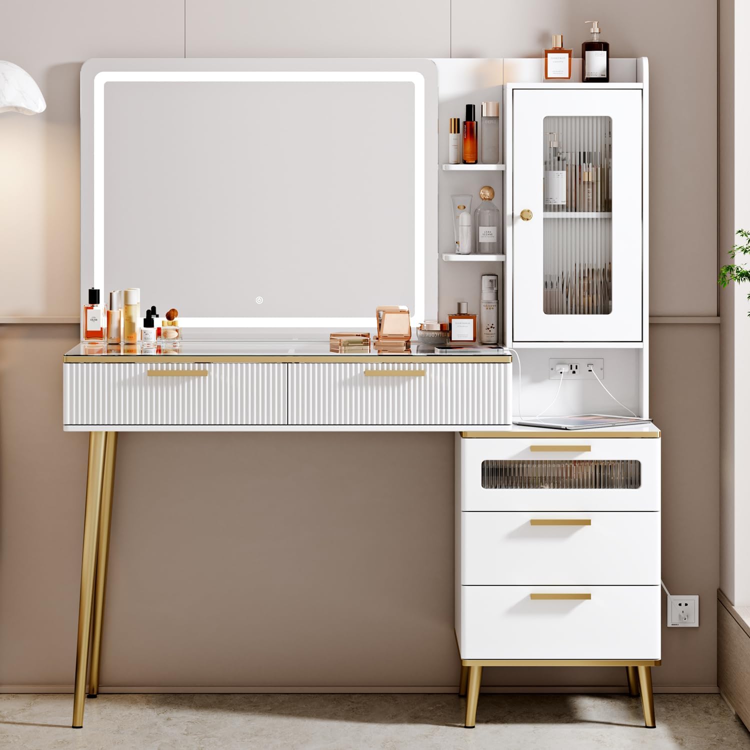 Arulvmrn Vanity Desk with 29.53' HD Lighted Mirror, 47.24' Big Modern Vanity Desk with Mirror and Lights, Makeup Vanity with 5 Drawers and Storage Shelves and Charging Station, White