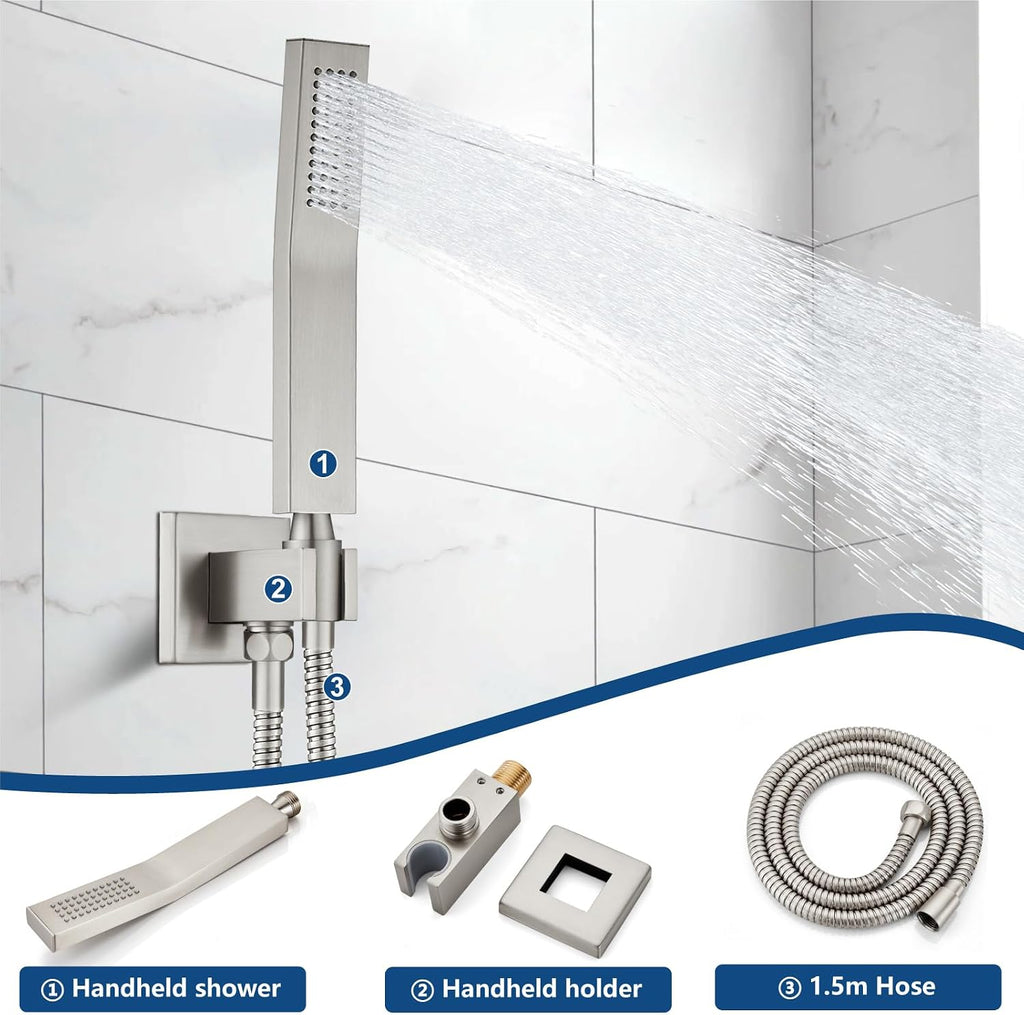Midanya Brushed Nickel Single Handle Slotted Waterfall Vanity Bathroom Sink Faucets with 8 Inch Brushed Nickel Rain Shower System Tub Shower Faucet Set Square Waterfall Tub Spout