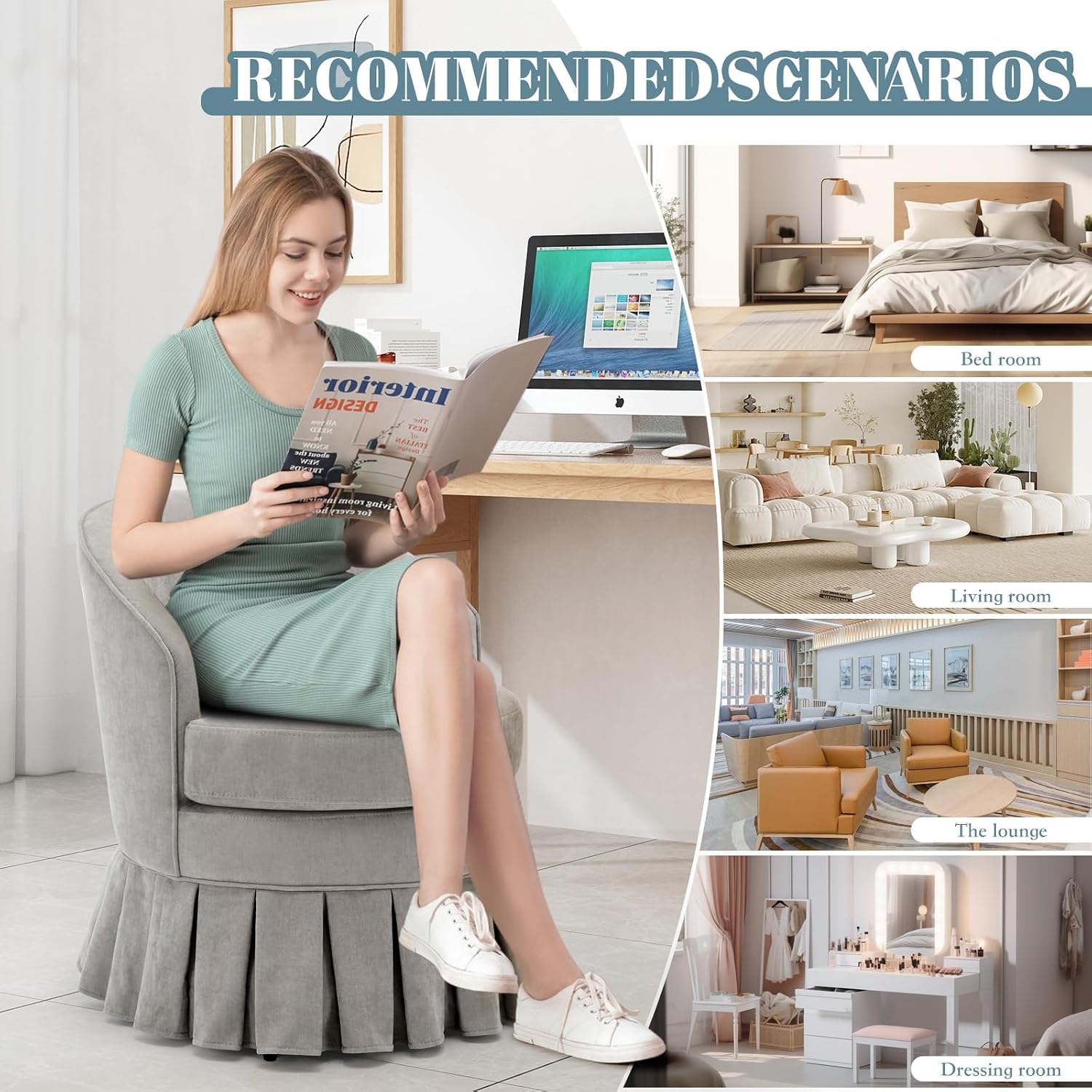 GarveeHome Vanity Stool, Upholstered Tall Back Arm Chair w/Side Pockets, Wood Legs Comfortable Dressing Piano Bench Chair for Vanity for Makeup Room, Bathroom