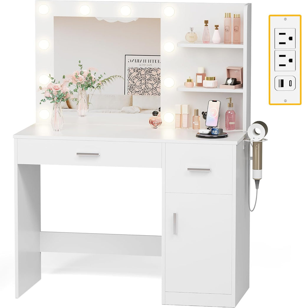 JUMMICO 35.4' Vanity Desk with Mirror and Lights - LED Makeup Vanity Table with Charging Station, 3 Color Adjustable Lights, 3 Drawers & Large Cabinet with Shelves for Bedroom Dressing Room (White)