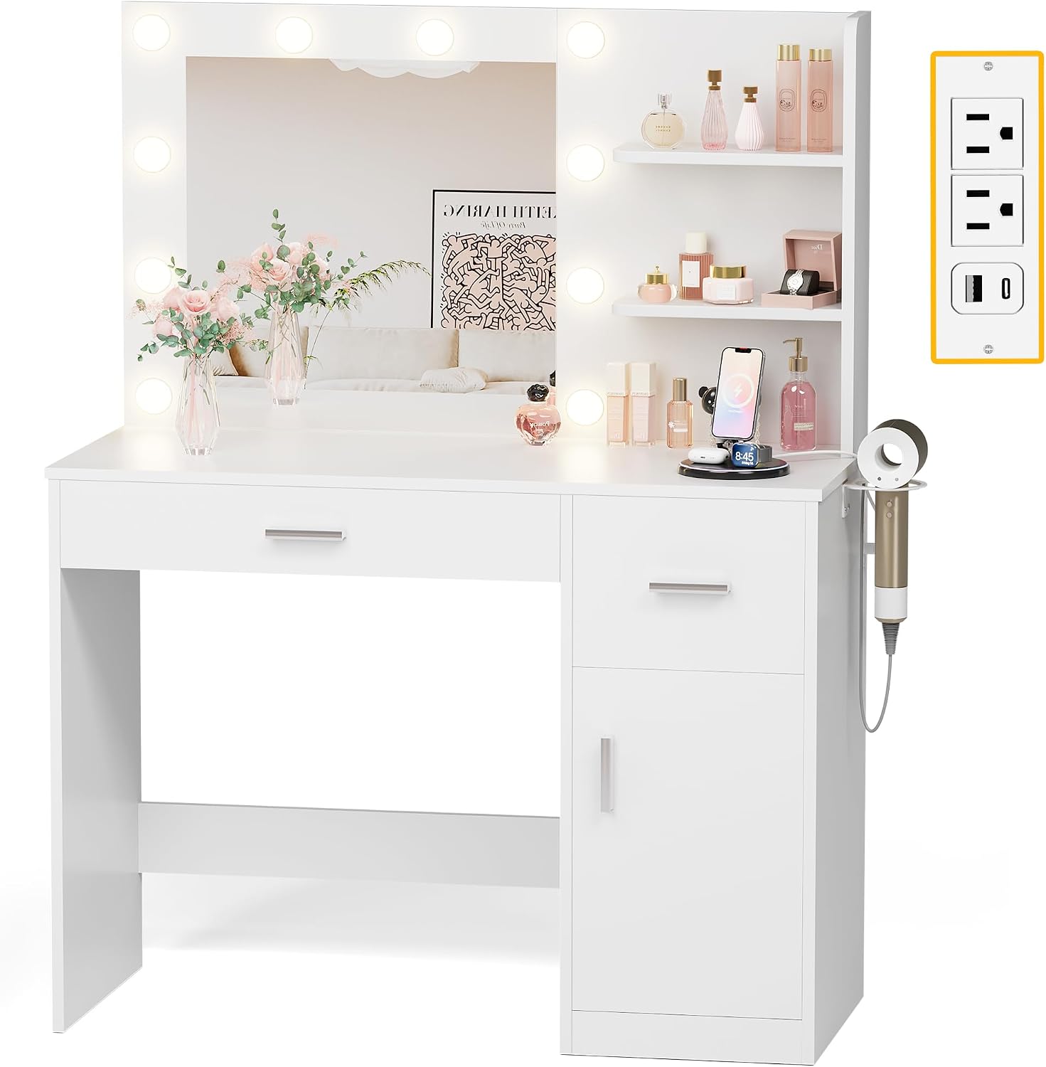JUMMICO 35.4' Vanity Desk with Mirror and Lights - LED Makeup Vanity Table with Charging Station, 3 Color Adjustable Lights, 3 Drawers & Large Cabinet with Shelves for Bedroom Dressing Room (White)