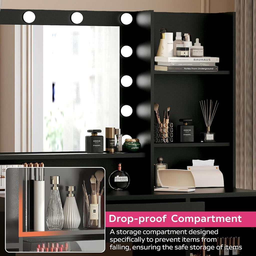 Palimder Vanity Desk with Mirror & Light, Large Drawer & Three Level Storage Dresser, 3 Lighting Modes Adjustable Brightness, Bedroom Dressing Table (Black)
