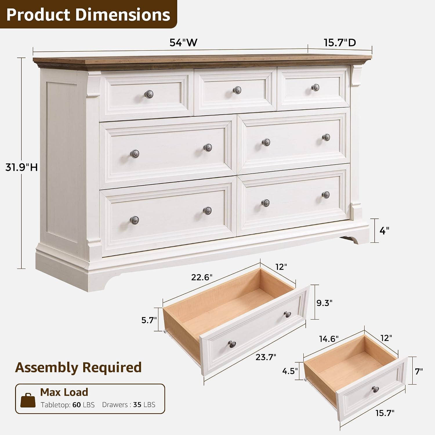 T4TREAM Farmhouse 7 Drawers Dresser for Bedroom, 54' Wide Wood Rustic Chest of Drawers w/Roman Column, Wooden Storage Dressers Organizer for Bedroom, Living Room, Closet, Antique White
