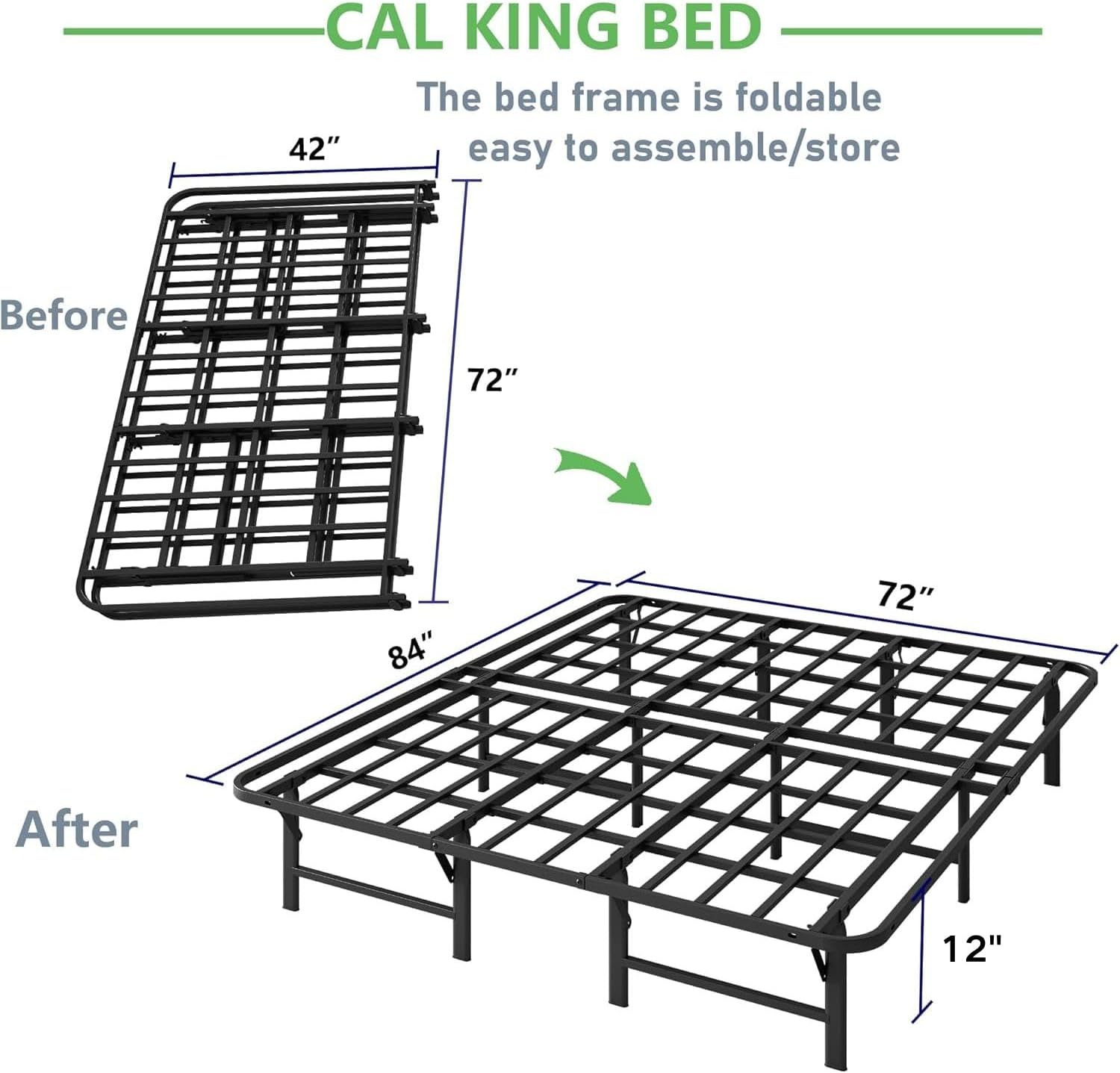 ZIYOO Heavy Duty California King Folding Bed Frames 12' High Mattress Foundation, Metal Platform Cal King Bed Frame, No Box Spring Needed, Easy Assembly, Noise Free-Black