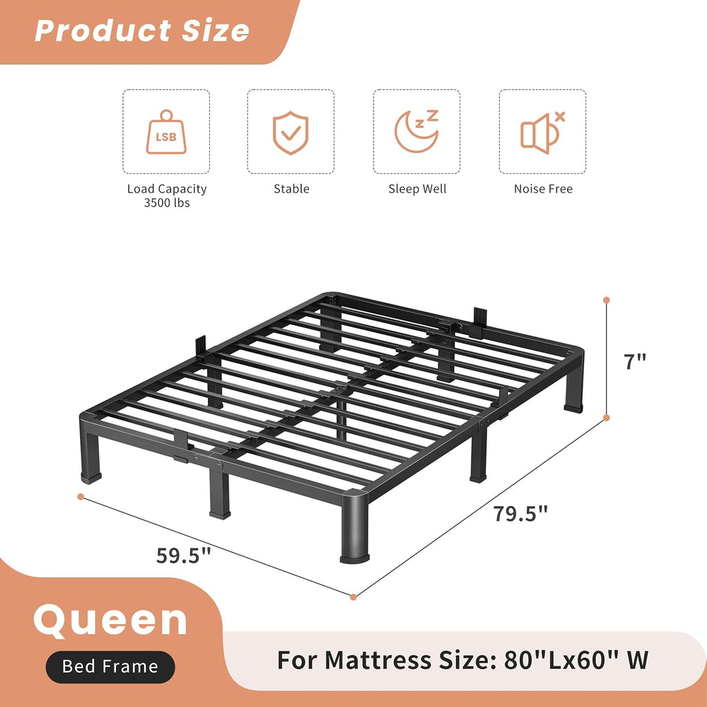 VIPSHOW 7 Inch Queen Heavy Duty 3500 lbs Bed Frame with Round-Corner Legs & Anti-Squeak Design – Quick Assembly Metal Platform, No Box Spring Needed