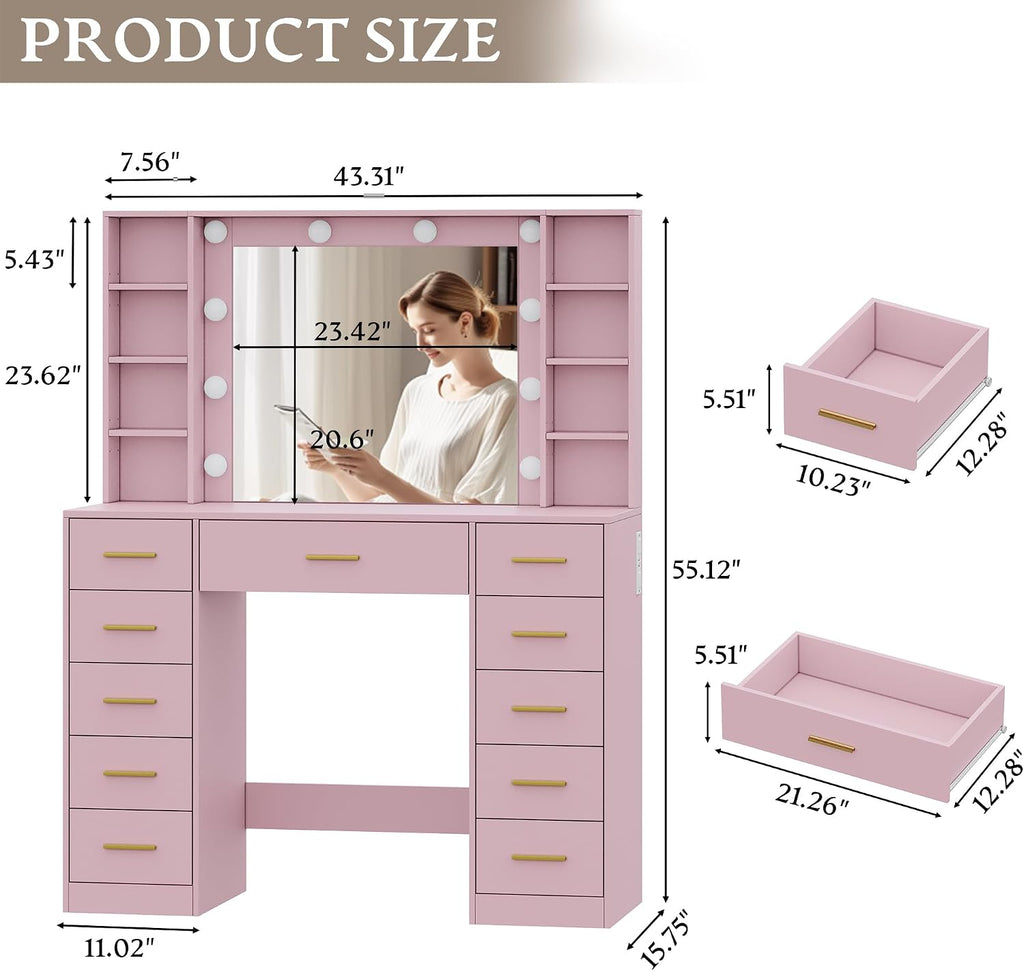 Wodeer Makeup Vanity with Drawers, 43' Pink Vanity Desk with Mirror and Lights, 11 Drawers & 4 Shelves, Power Outlet & Adjustable LED Lights, Dressing Table for Women & Girls Bedroom