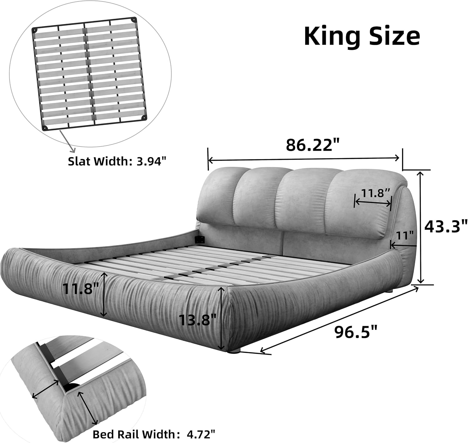KEIKI King Size Upholstered Platform Bed with Oversized Padded Backrest,Thickening Pinewooden Slats and Metal Leg,Green