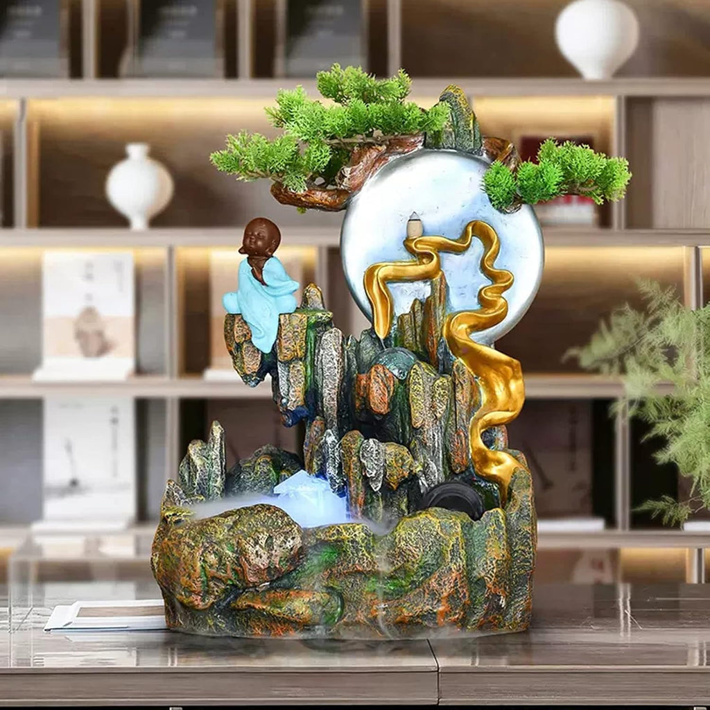 Desktop Fountain Tabletop Water Fountain, Indoor Waterfall with Mist Maker and Resin Artificial Trees, Small Buddha Statues, Moon Sculptures for Home Office Decor
