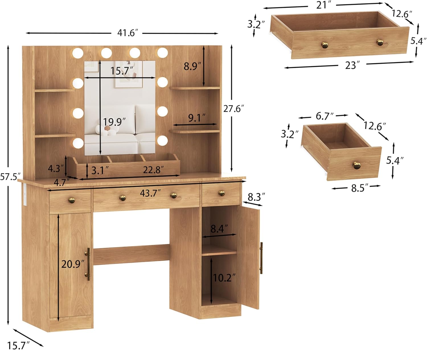 HUANLEGO Vanity Desk with Mirror and Lights, Makeup Vanity with Mirror and LED Lights & Power Outlet, 3 Drawers and Cabinets, 3 Lighting Modes Dressing Table Set for Girls Women Bedroom,Oak