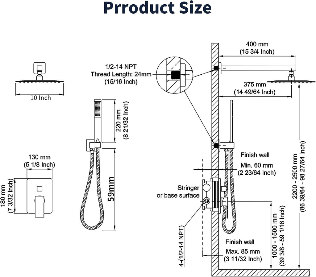Shower System Shower Faucet Set with 10' Square Rainfall Shower Head and handheld shower faucet with Brass Valve Rough-In (Silver)