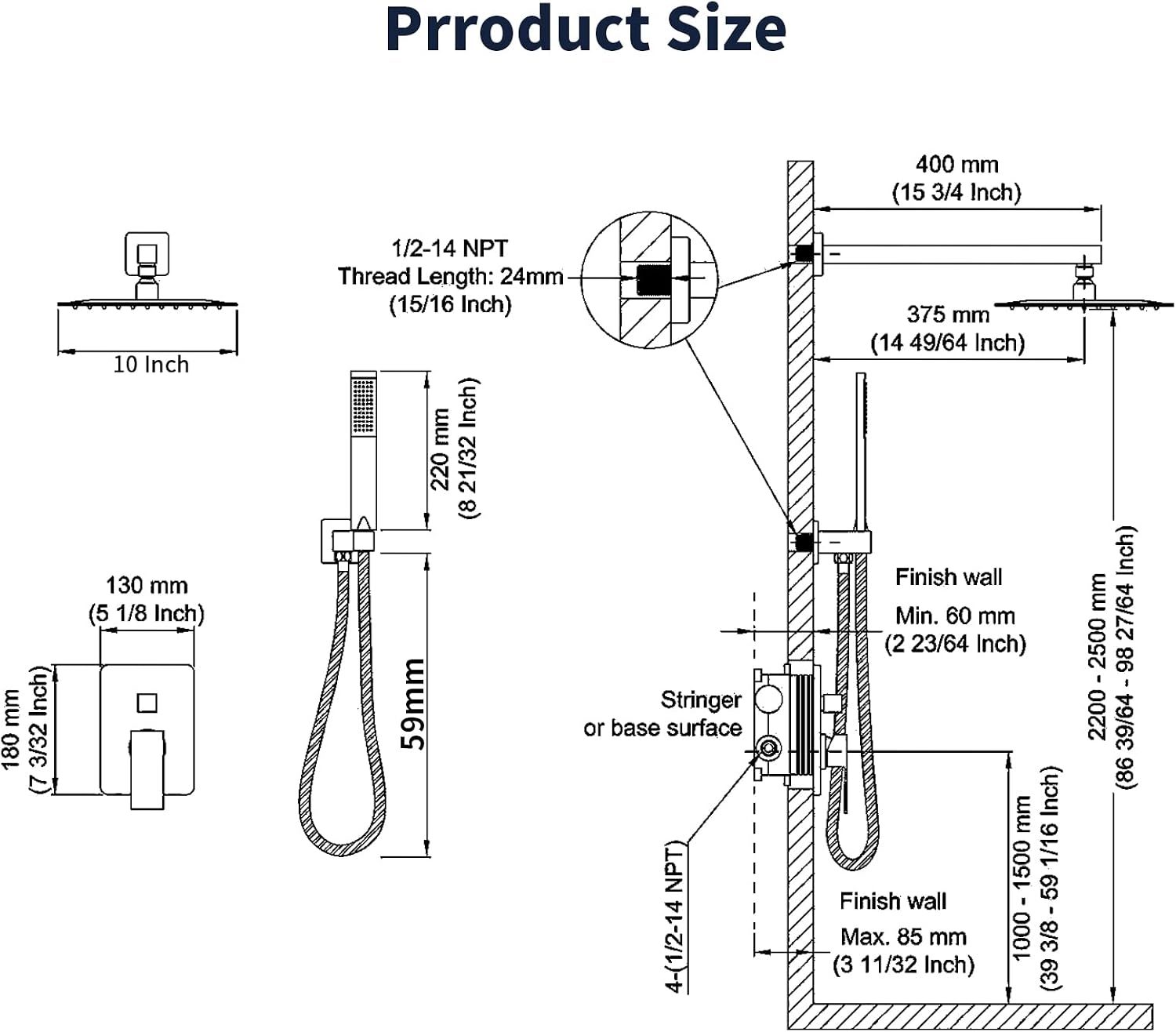 Shower System Shower Faucet Set with 10' Square Rainfall Shower Head and handheld shower faucet with Brass Valve Rough-In (Silver)