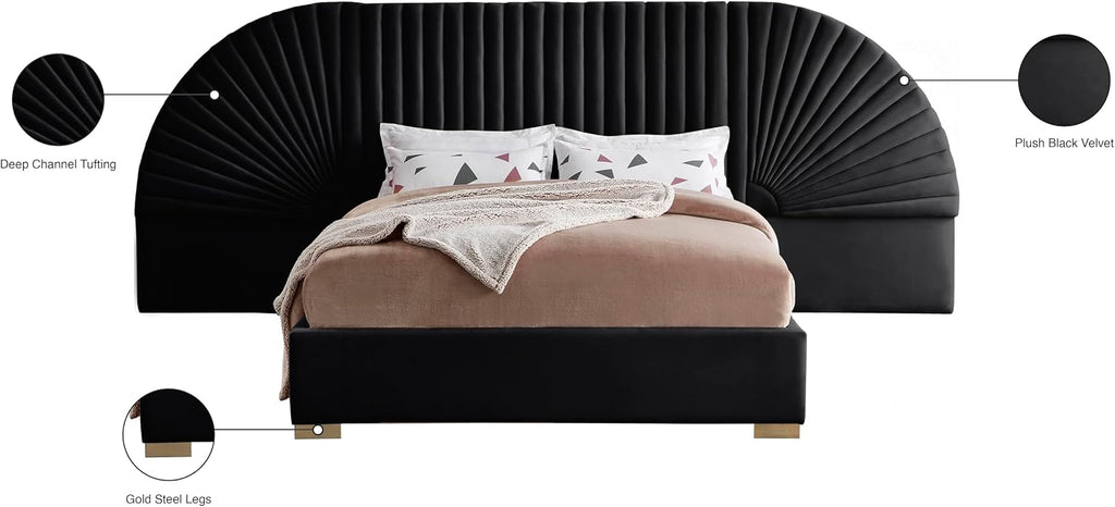 Meridian Furniture Cleo Collection Modern | Contemporary Velvet Upholstered Bed with Gold Steel Legs and Removable Panels, Queen, Black
