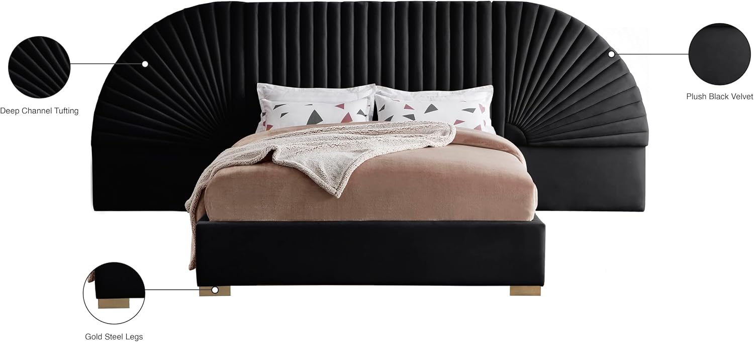 Meridian Furniture Cleo Collection Modern | Contemporary Velvet Upholstered Bed with Gold Steel Legs and Removable Panels, Queen, Black