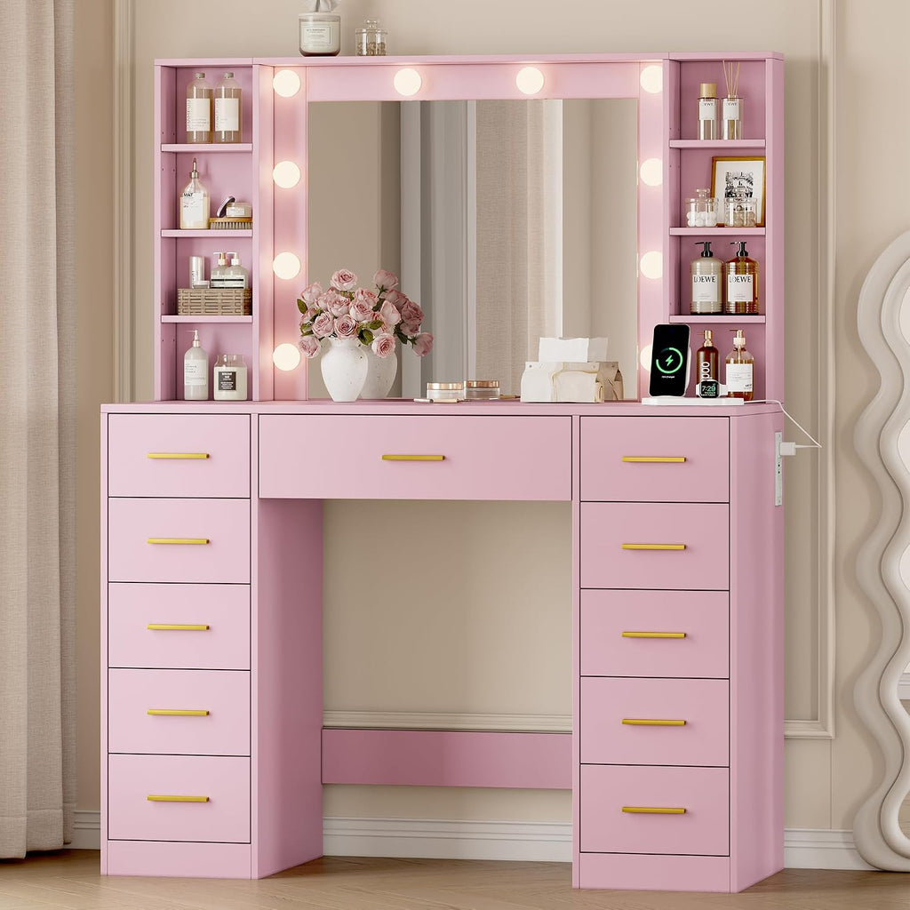 Wodeer Makeup Vanity with Drawers, 43' Pink Vanity Desk with Mirror and Lights, 11 Drawers & 4 Shelves, Power Outlet & Adjustable LED Lights, Dressing Table for Women & Girls Bedroom