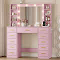 Wodeer Makeup Vanity with Drawers, 43' Pink Vanity Desk with Mirror and Lights, 11 Drawers & 4 Shelves, Power Outlet & Adjustable LED Lights, Dressing Table for Women & Girls Bedroom