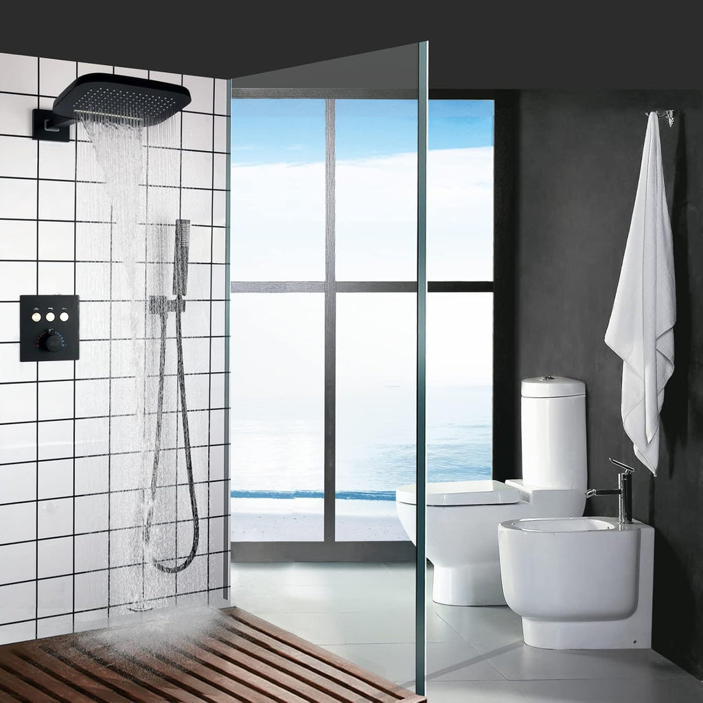Shower Jets System With Waterfall Rain Shower Head and Handheld (Can Use All Options at A Time), cUPC Certificatin Thermostatic Shower Faucet Fixture Set (Matte Black)