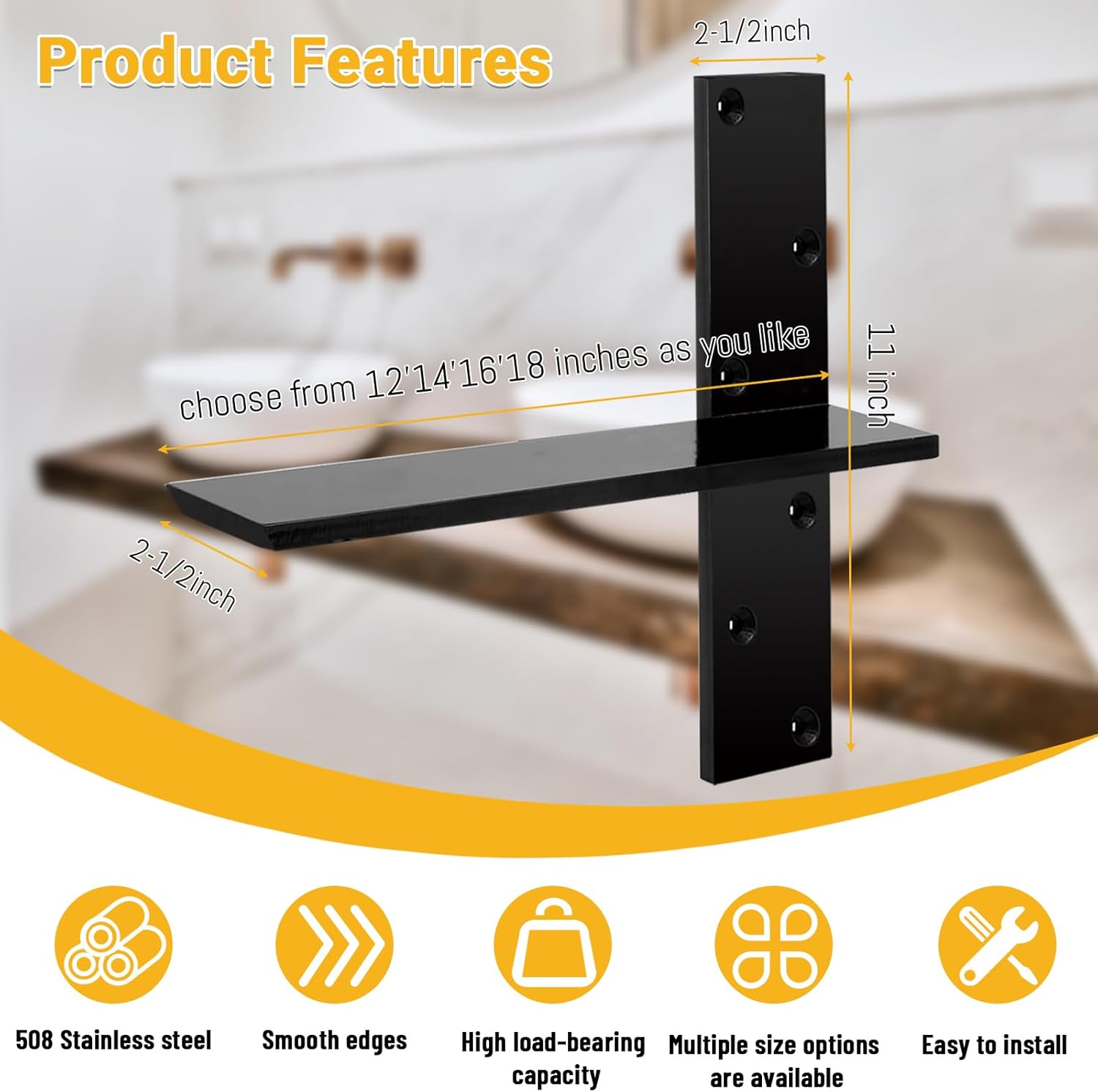 3/8' Thick Heavy-Duty Floating Shower Bench Brackets -18' L x 2.5' W Wall Mount Bracket, Free Hanging T Shelf Support Brackets for Vanity, Granite Countertops, Dishwashers,Bench Seats (4-Pack)