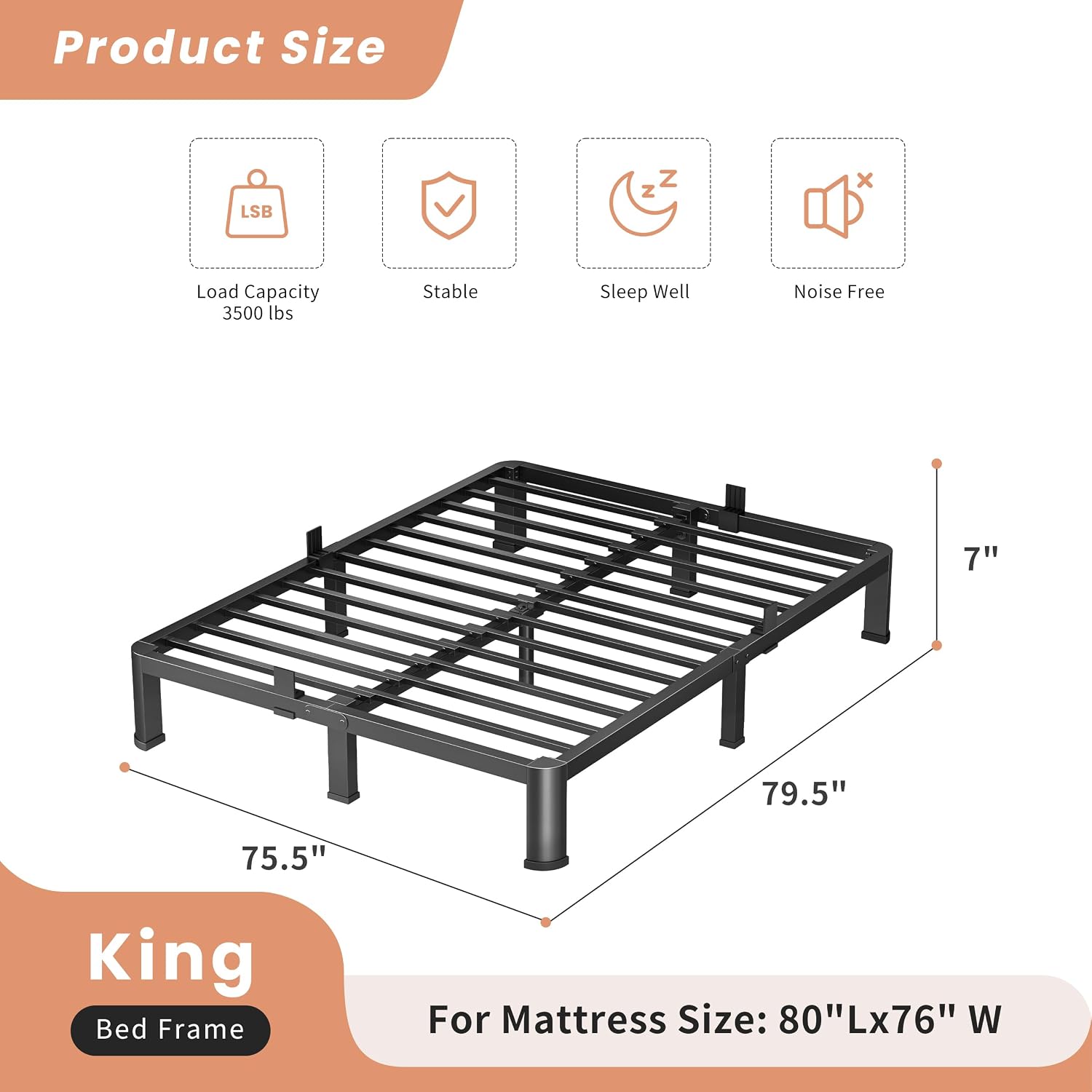 VIPSHOW 7 Inch King Heavy Duty 3500 lbs Bed Frame with Round-Corner Legs & Anti-Squeak Design – Quick Assembly Metal Platform, No Box Spring Needed
