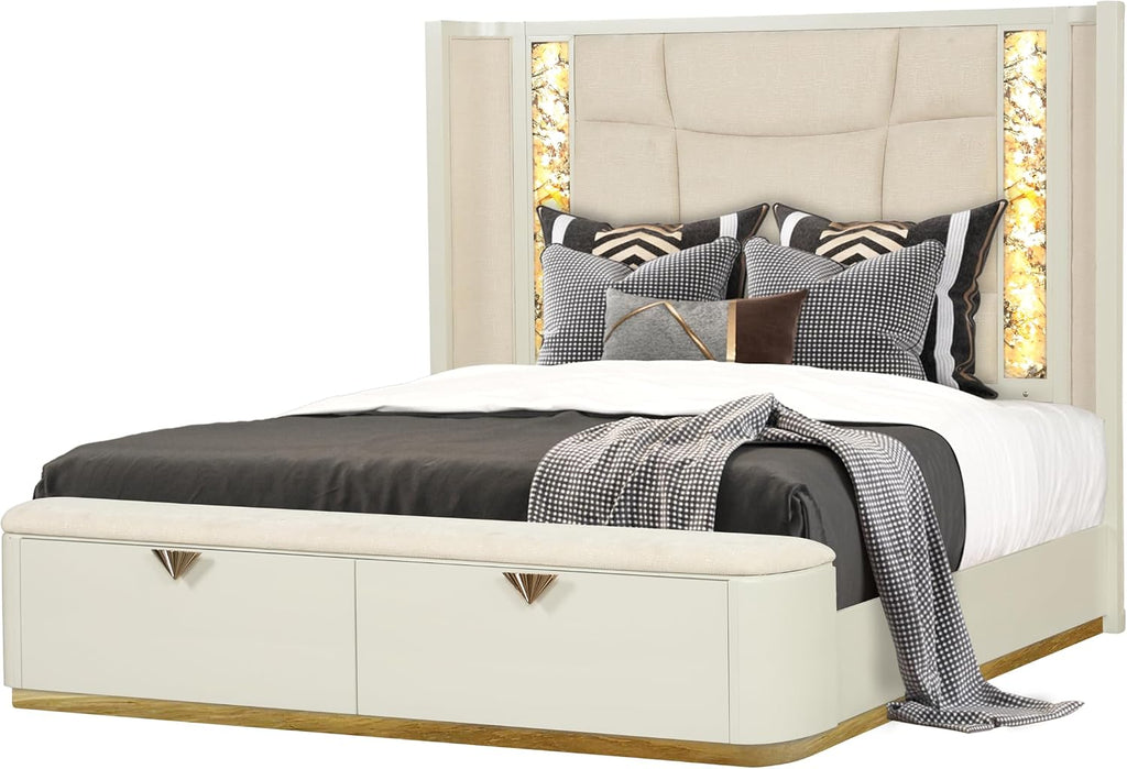 Modern Style 5 Pc King Upholstered Bedroom Set Made with Wood and Gold Accents in Beige