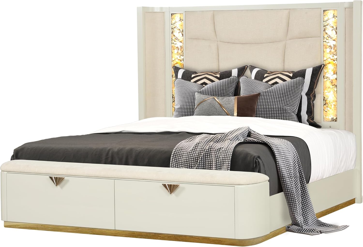 Modern Style 5 Pc King Upholstered Bedroom Set Made with Wood and Gold Accents in Beige