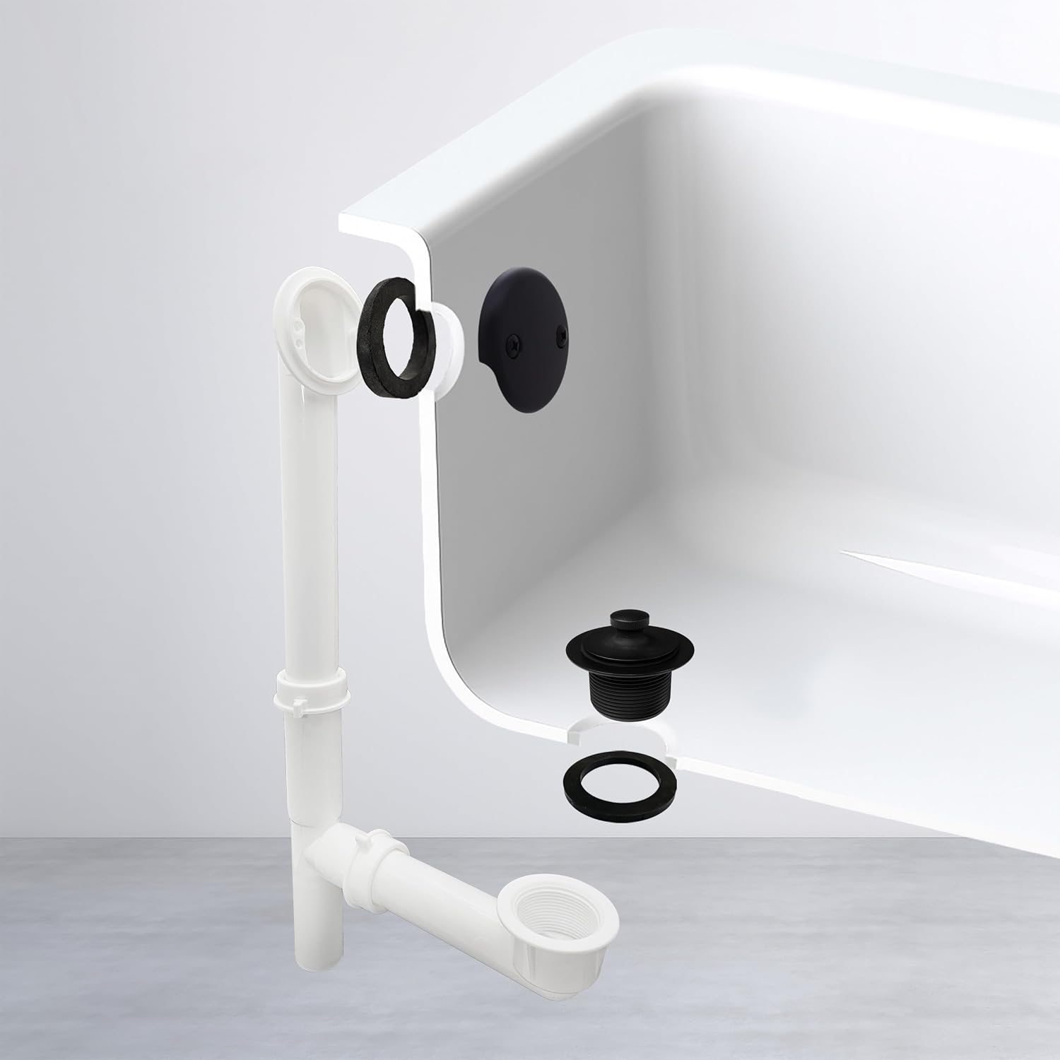 Westbrass 594244-4-62 14' White Tubular Bath Waste & Overflow Assembly with Twist & Close Drain Plug and 2-Hole Faceplate, Matte Black (4-Pack)