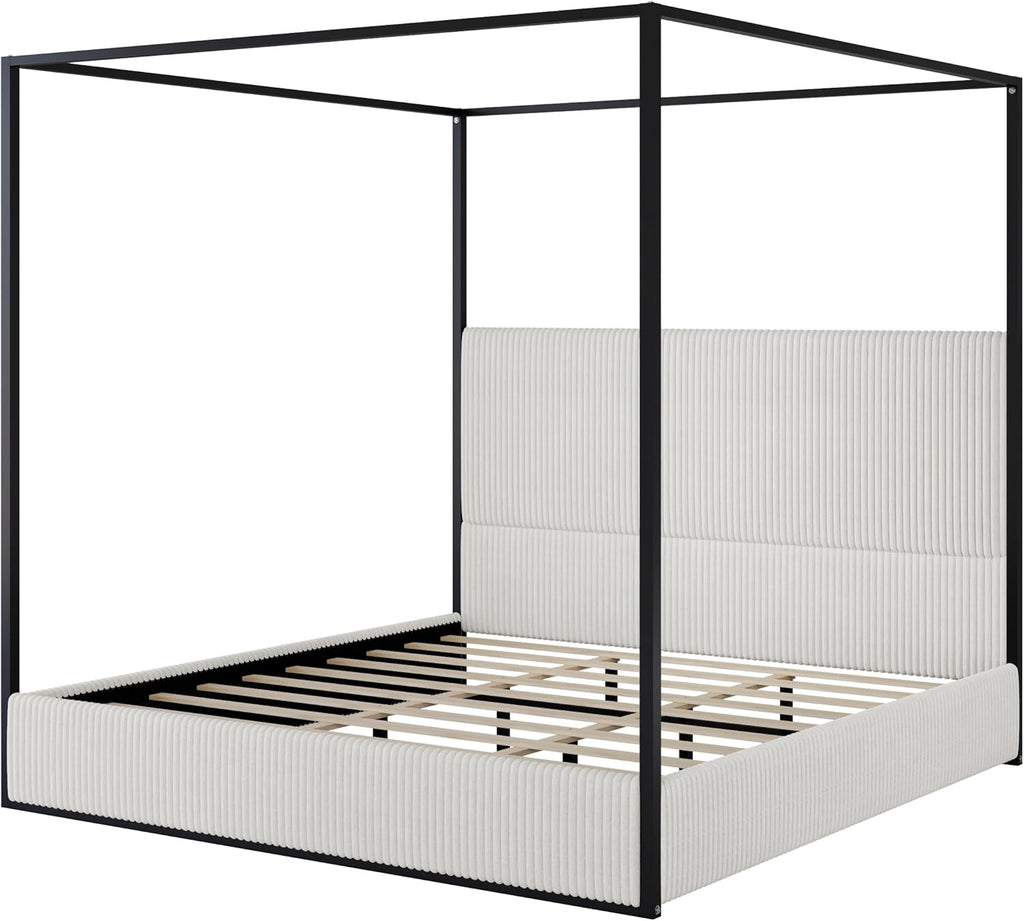 Merax Modern Luxury King Metal Canopy Bed with Tall Upholstered Headboard, Gold Four Poster Bed, No Box Spring Needed, White