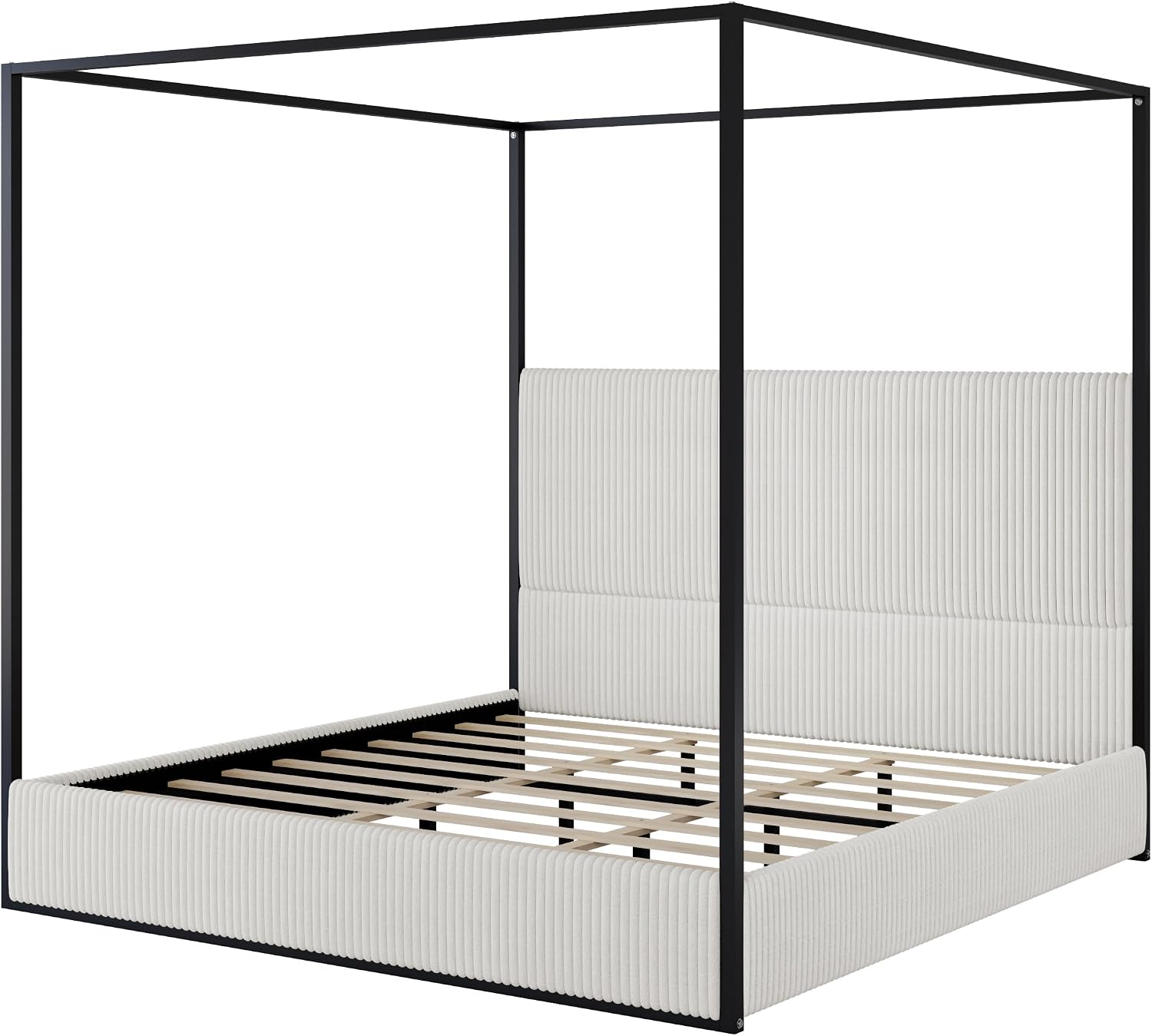 Merax Modern Luxury Queen Metal Canopy Bed with Tall Upholstered Headboard, Gold Four Poster Bed, No Box Spring Needed, White