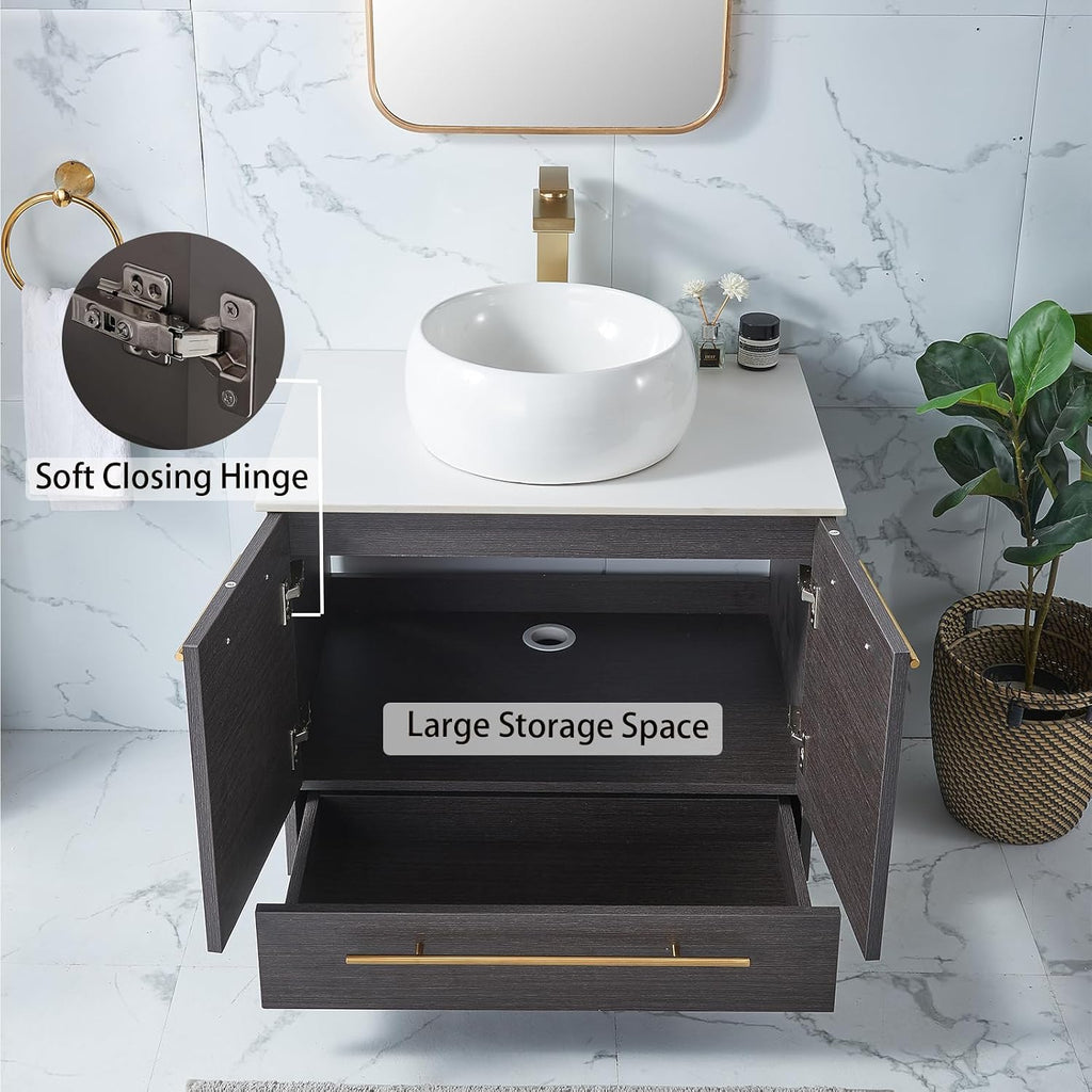 30' Bathroom Vanity, Black Bathroom Cabinet Combo, Modern Sink Vanity Set, Round Countertop Sink, 2 Doors 1 Drawer