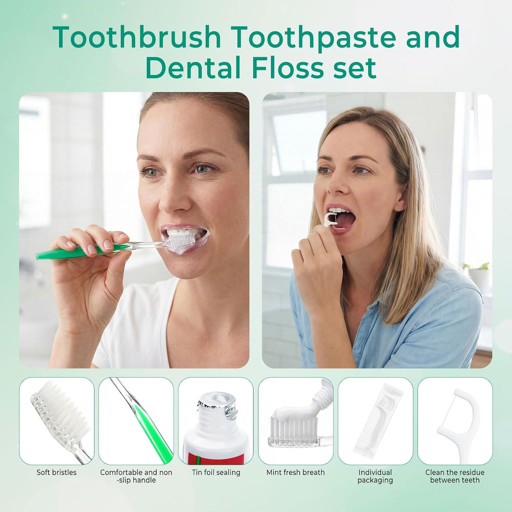 100 Sets Personal Hygiene Kit Bulk,10-IN-1 Green Individually Wrapped Disposable Travel Toothbrushes and Hotel Vanity Set Basic Toiletry Supplies for Homeless,Guests,Charity