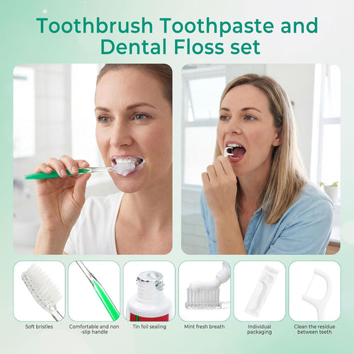 100 Sets Personal Hygiene Kit Bulk,10-IN-1 Green Individually Wrapped Disposable Travel Toothbrushes and Hotel Vanity Set Basic Toiletry Supplies for Homeless,Guests,Charity