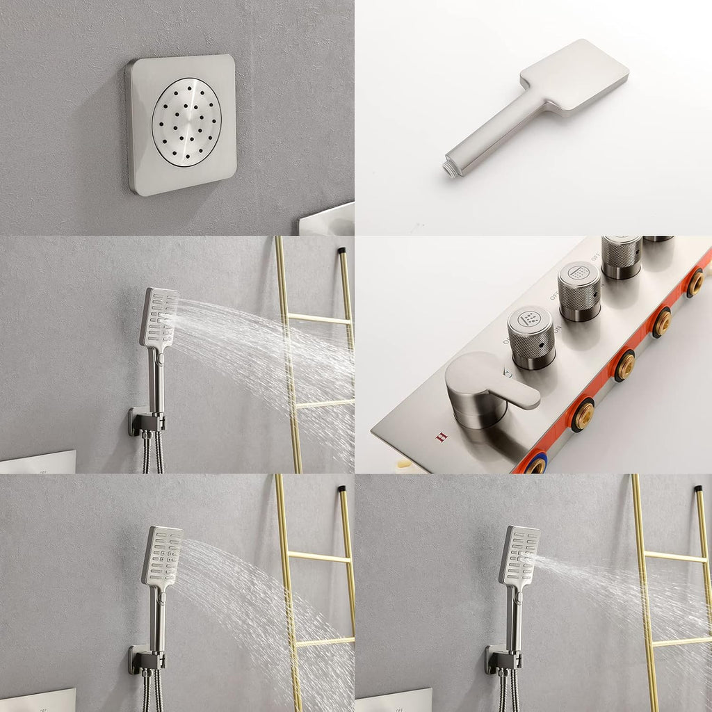 Luxury Thermostatic Waterfall Wall Mounted Rain Shower System with 3 Body Sprays & Handheld Shower Bathroom Shower Combo Set,Solid Brass Rough-in Valve Included for Bathroom (Brushed Nickel)