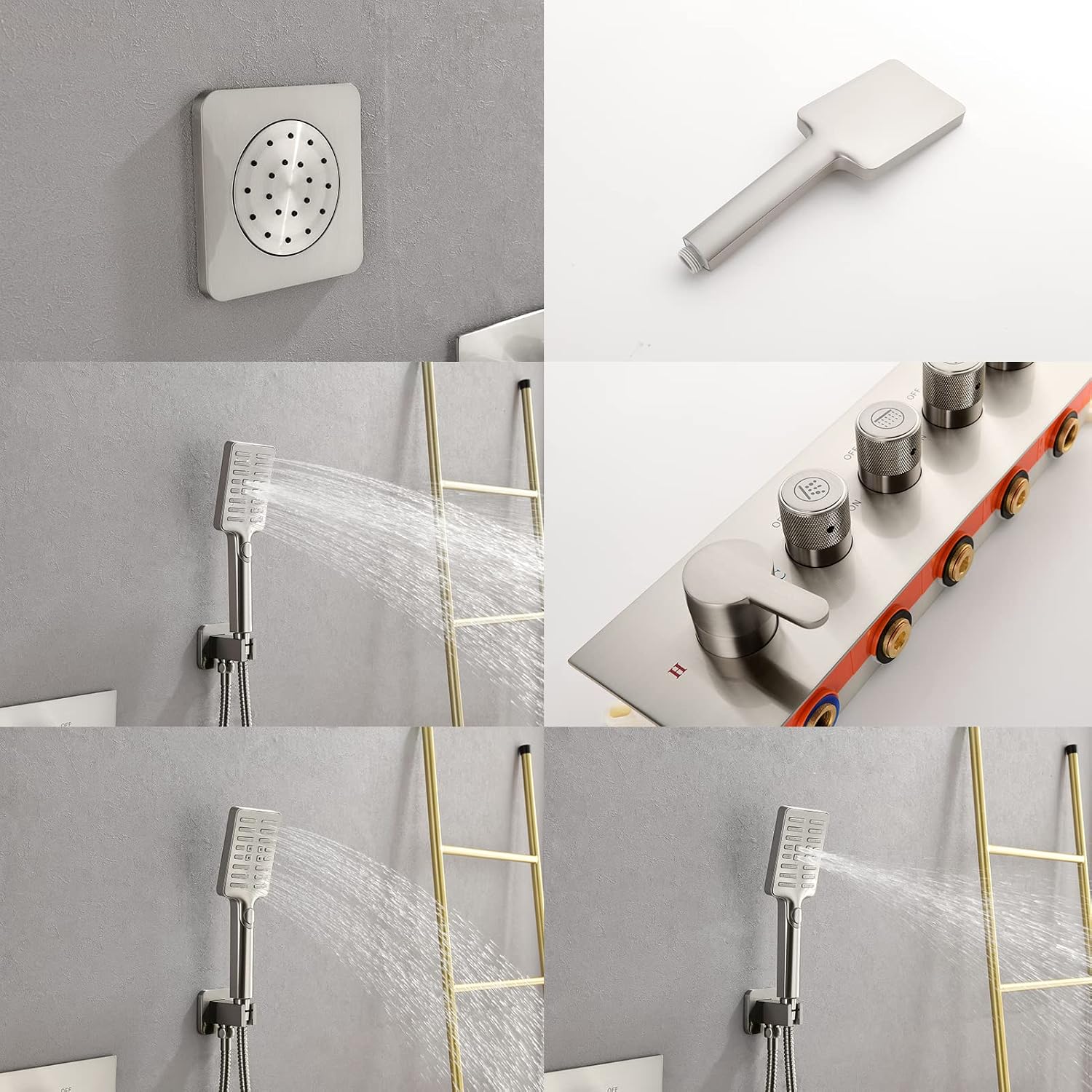Luxury Thermostatic Waterfall Wall Mounted Rain Shower System with 3 Body Sprays & Handheld Shower Bathroom Shower Combo Set,Solid Brass Rough-in Valve Included for Bathroom (Brushed Nickel)