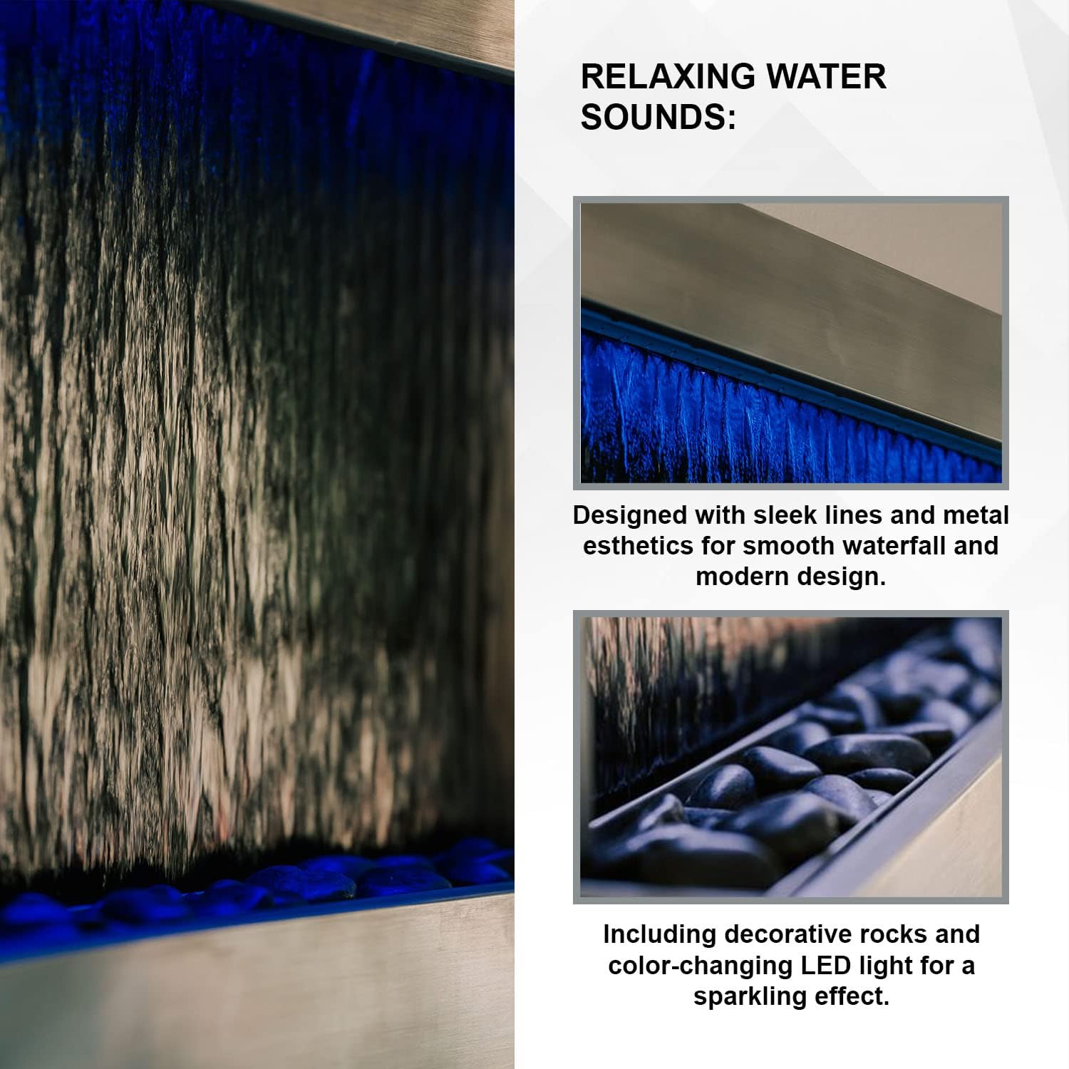XBrand 47' Indoor Wall-Mounted Waterfall Mirror Fountain with LED Lighting, Silver Metal Décor, and Rock Base – Modern Relaxing Water Feature for Home