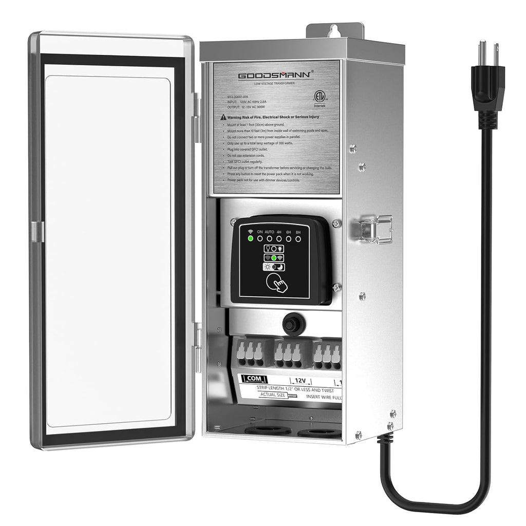 GOODSMANN Low Voltage Transformer WiFi 2.4GHz 300W Smart Landscape Lighting Transformer with Photocell Sensor, 120V AC to 12V or 15V AC Multi Tap Outdoor Stainless Steel Weatherproof Transformer