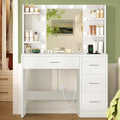 Quimoo Vanity Desk with Mirror and Lights, Makeup Vanity with Power Outlet and 4 Drawers & 6 Shelves & 5 Hooks, 3 Color Modes & Adjustable Brightness, White Vanity for Bedroom