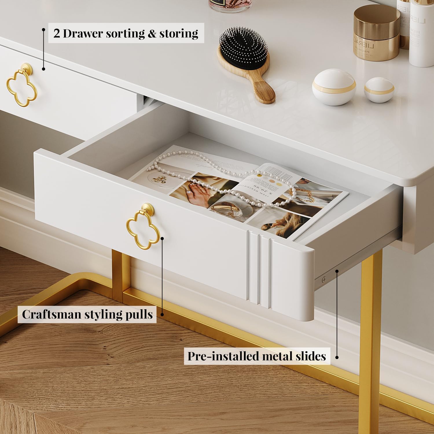 Tamworth Design White Vanity Desk with 2 Drawers, Gold and White Desk,Home Office Desk Modern Makeup Vanity Table, Entryway Console Table, Sofa Table (Deluxe Leg)