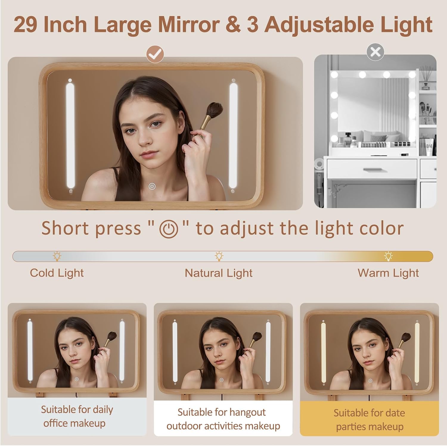 Solid Wood Vanity with Mirror and Lights, Adjustable Brightness, Wood Makeup Vanity with 3 Drawers, Semi-Assembled, Vanity Desk for Bedroom (Natural)