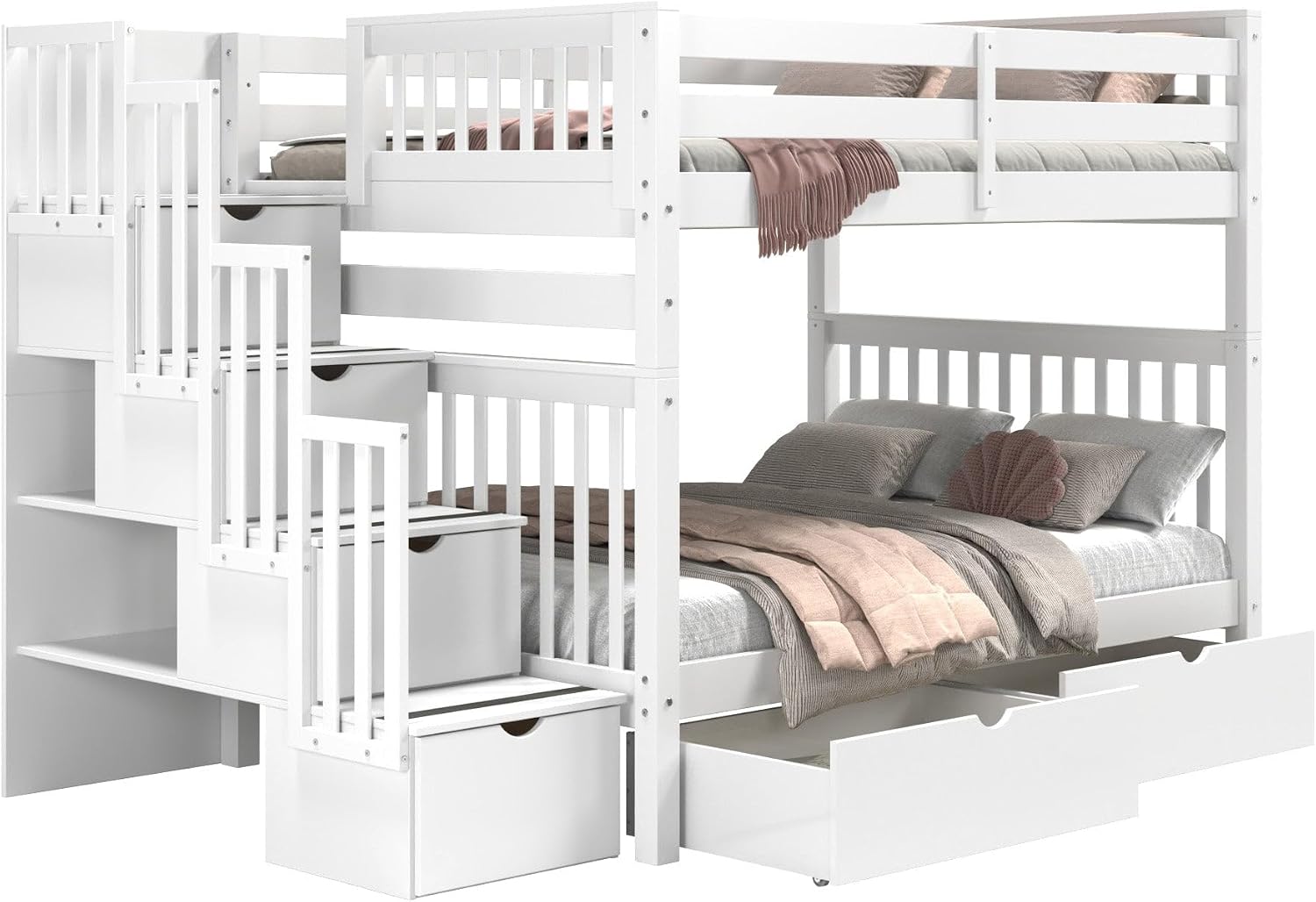 Bedz King Stairway Bunk Beds Full Over Full, 4 Step Drawers, 2 Storage Drawers, White