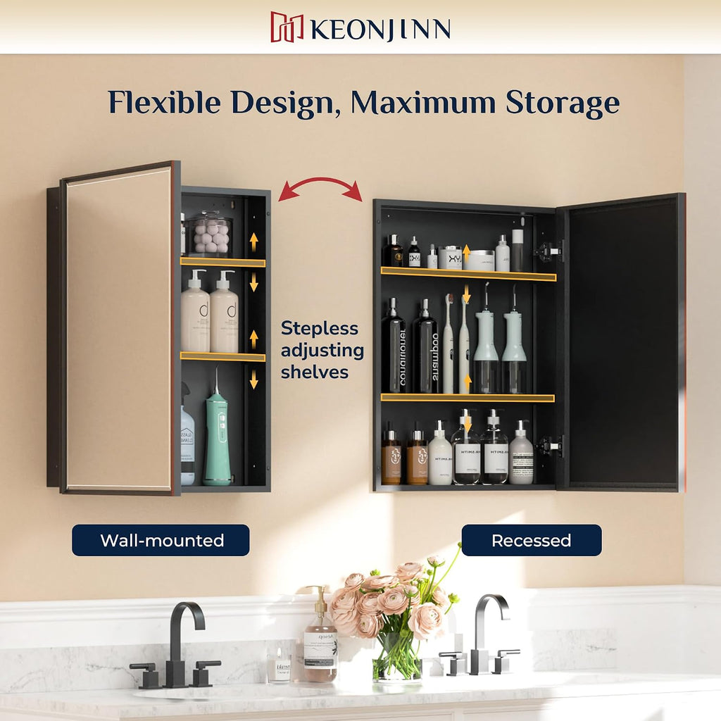 Keonjinn 16' x 24' Medicine Cabinets with Mirror for Bathroom, Oil Rubbed Bronze, Fully Assembled, Recessed or Surface Wall-Mounted, Aluminum Framed, Farmhouse Bathroom Mirror with Storage Cabinet
