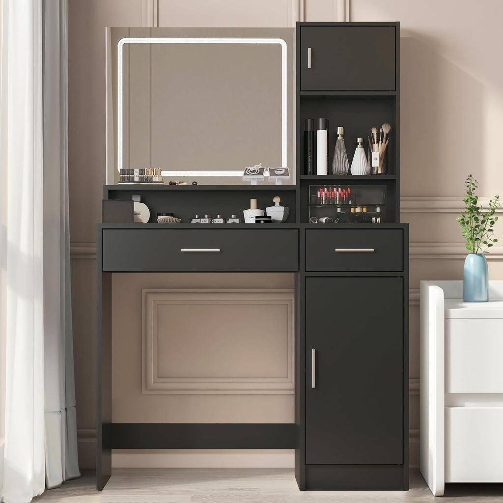 Palimder Vanity Desk with LED Light Mirror, Dressing Table with Large Drawer & 3-Tier Storage, Adjustable Brightness 3 Lighting Modes, Modern Makeup Desk for Bedroom, Bathroom, or Living Room