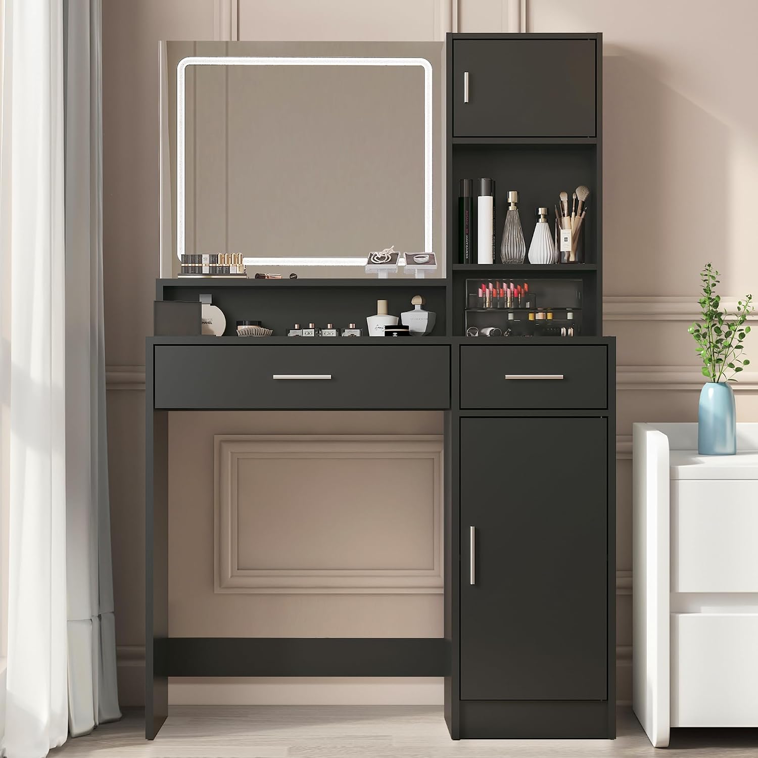 Palimder Vanity Desk with LED Light Mirror, Dressing Table with Large Drawer & 3-Tier Storage, Adjustable Brightness 3 Lighting Modes, Modern Makeup Desk for Bedroom, Bathroom, or Living Room